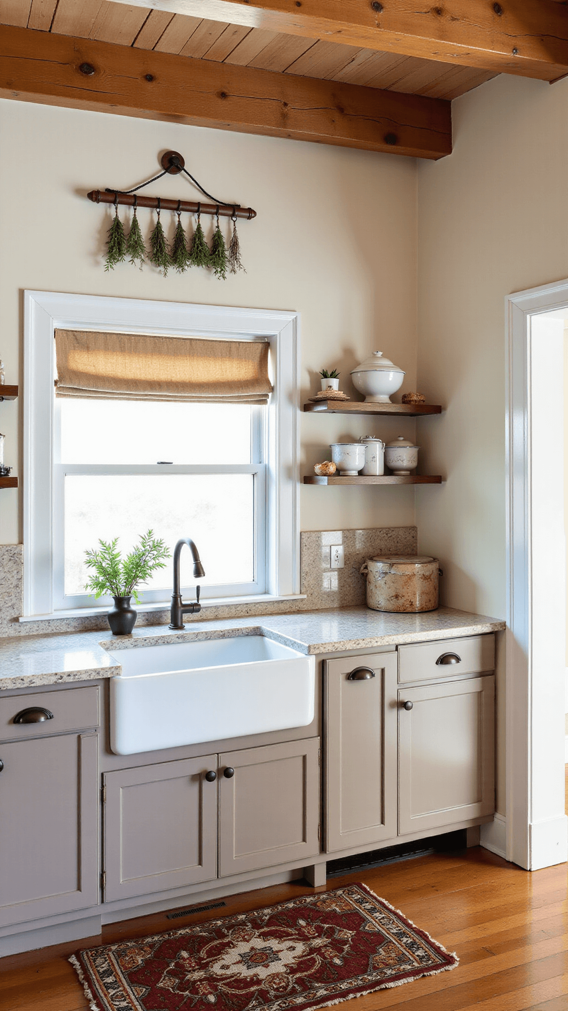 Farmhouse-style kitchen with exposed beams, warm greige cabinets, roman shades, apron sink, vintage rug, open shelving with pottery, and a rack of dried herbs
