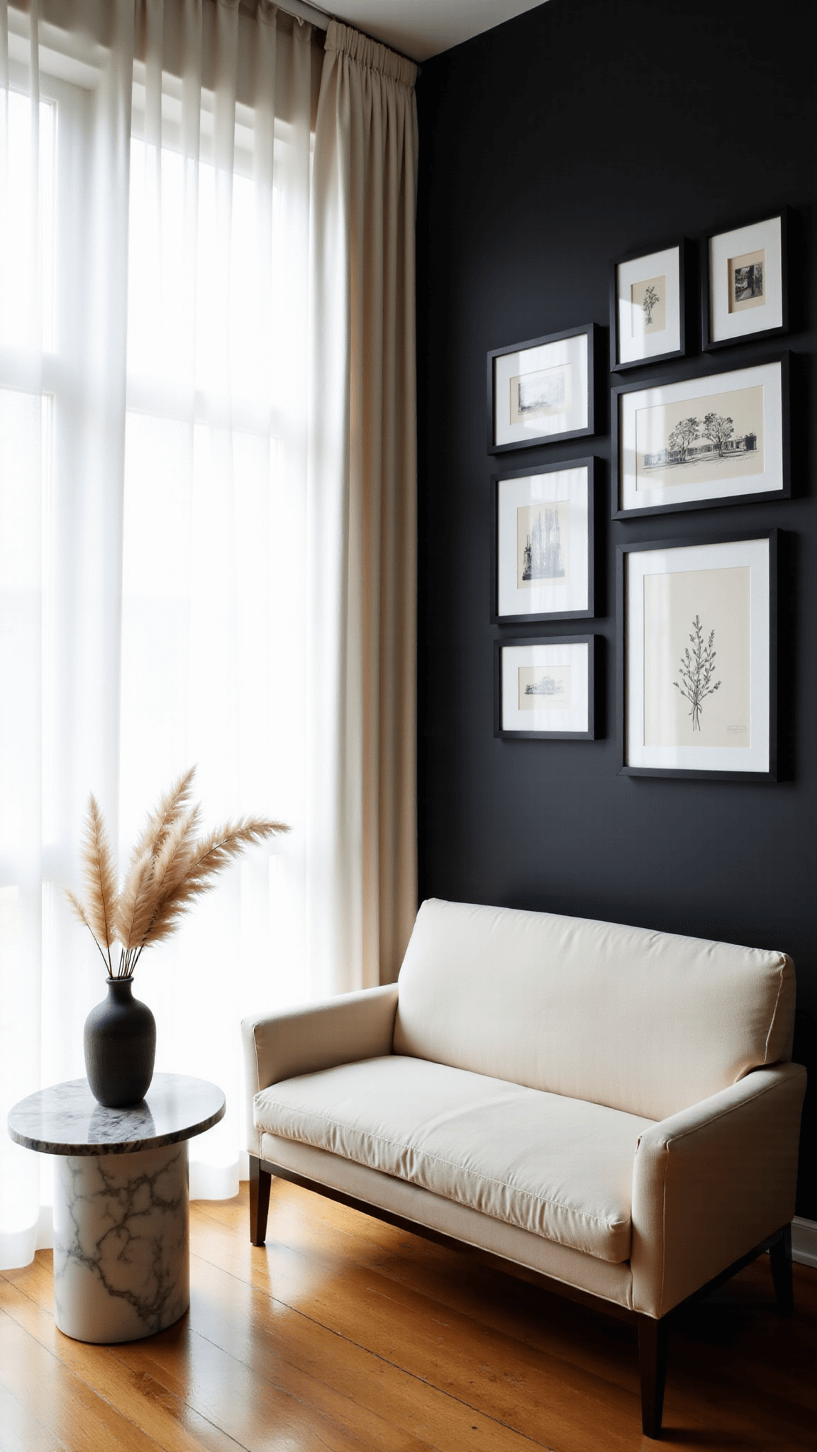 Cozy 12x12ft reading nook with cream loveseat, gallery wall with seven minimalist black frames, morning light coming through curtains, and a side table with a ceramic vase with pampas grass.