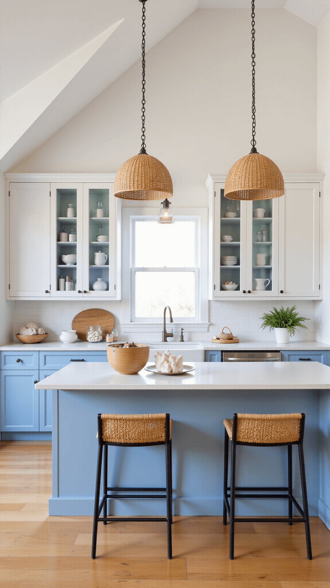 Beach-inspired kitchen with white and blue-gray cabinets, rattan pendant lights, and seagrass barstools, enhanced by golden hour light reflecting off glass cabinet fronts and styled with white ceramics and coral specimens