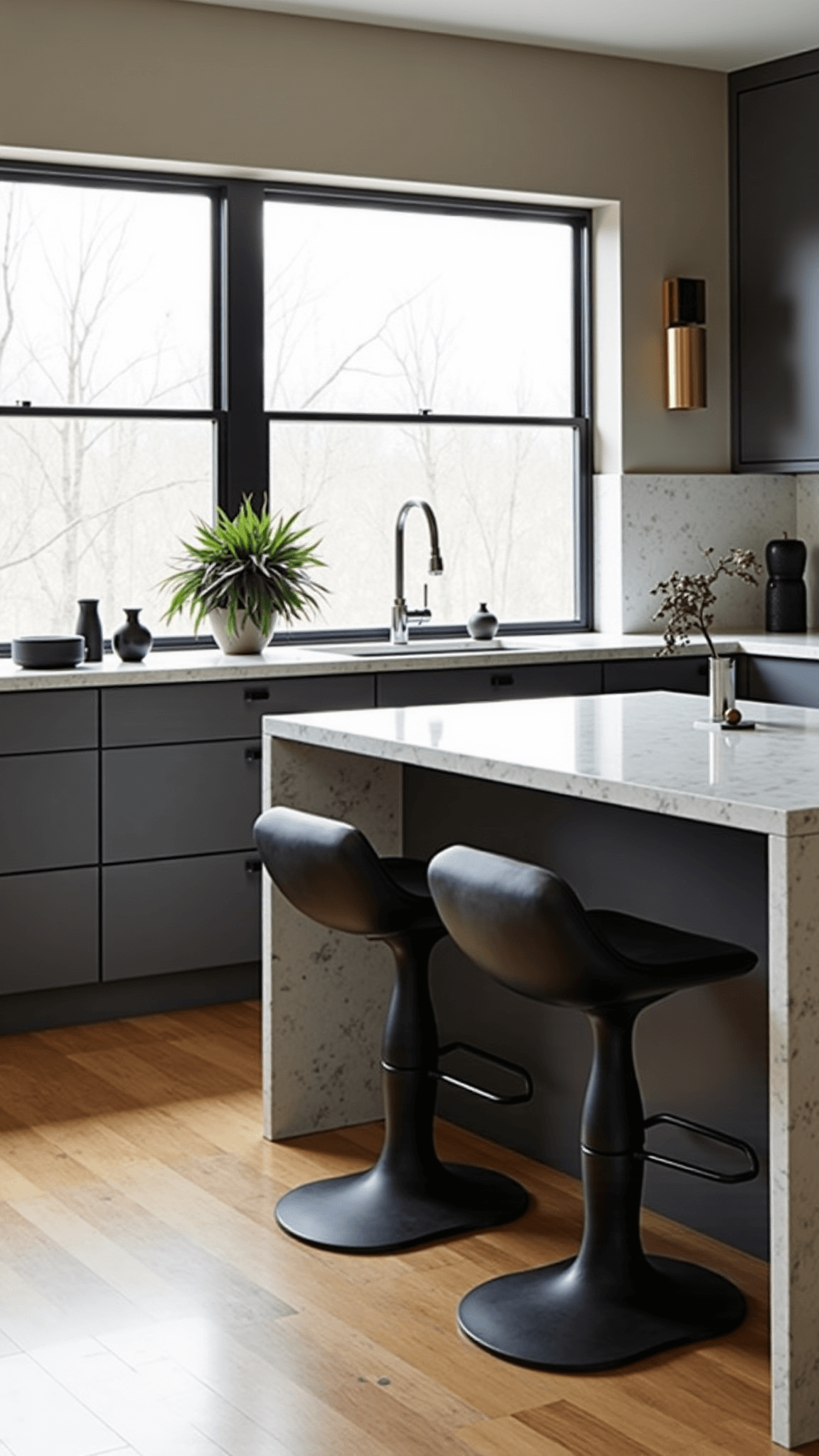 Modern 11x13ft kitchen with taupe floor-to-ceiling cabinets, waterfall marble island, brass sconces, chrome faucet and backlit afternoon lighting through black-framed windows