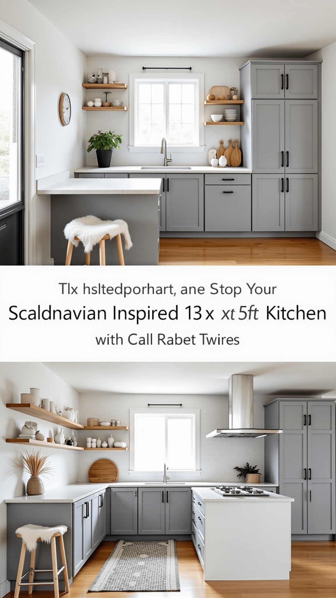 Scandinavian-inspired kitchen with light gray cabinets, white oak accents, concrete counters, floating shelves, and sheepskin-draped barstools. Styled with white pottery, linen textiles, and dried pampas grass in a clean, bright aesthetic.