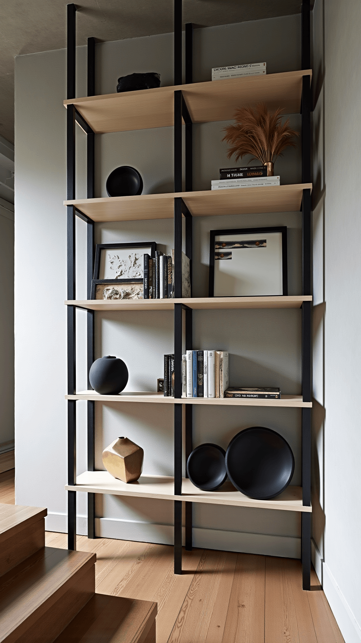 Elevated view of a minimalist 16x20ft great room with exposed concrete walls, black steel and light maple bookshelf filled with art books and ceramics, and decorated with geometric brass objects and dried pampas grass, capture with wide angle lens in late afternoon light.