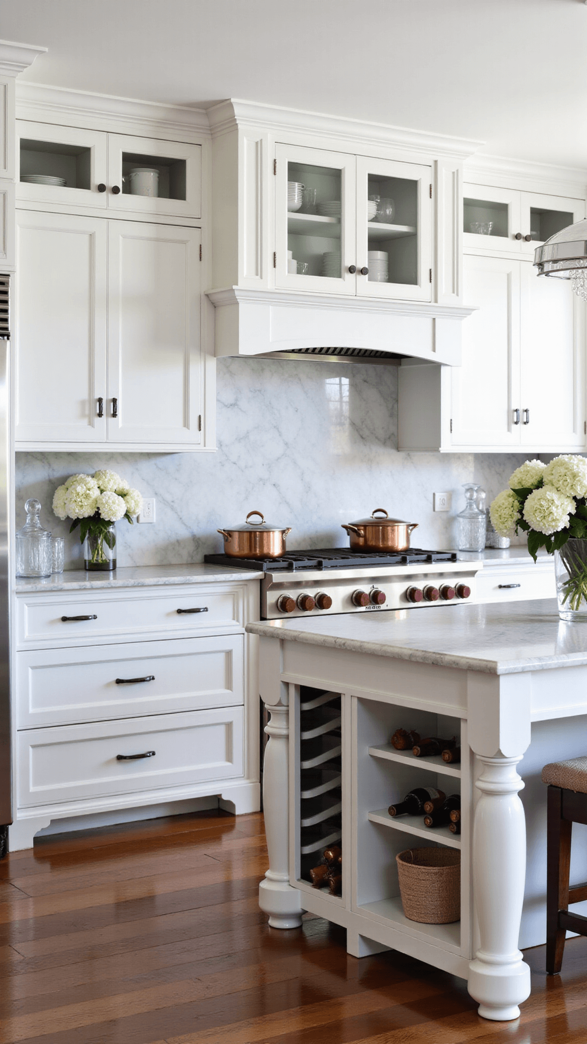 Elegant transitional kitchen with soft white cabinets, marble backsplash, and traditional island, styled with copper cookware and white hydrangeas in mid-morning light.