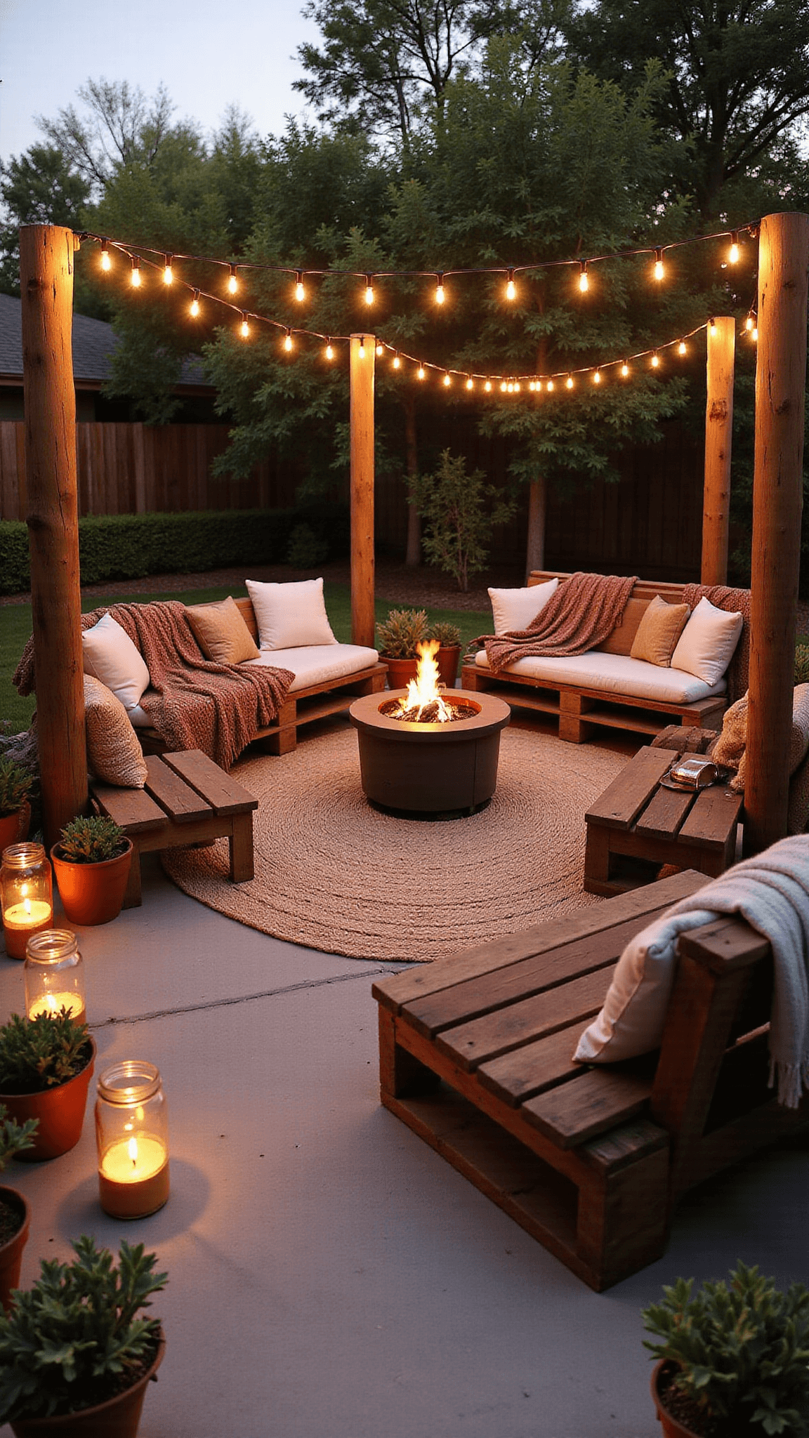 Warmly lit backyard patio with DIY fire pit, weathered pallet furniture, textured throws, string lights, mason jar lanterns, rattan rugs, potted succulents and vintage copper accents at golden hour.