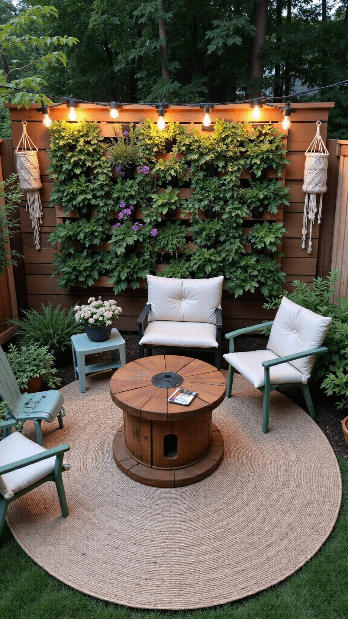 Aerial drone view of a bohemian garden with a vertical pallet filled with herbs, flowering plants, solar lanterns, a repurposed spool table, mismatched chairs, and hanging macrame plants at twilight.
