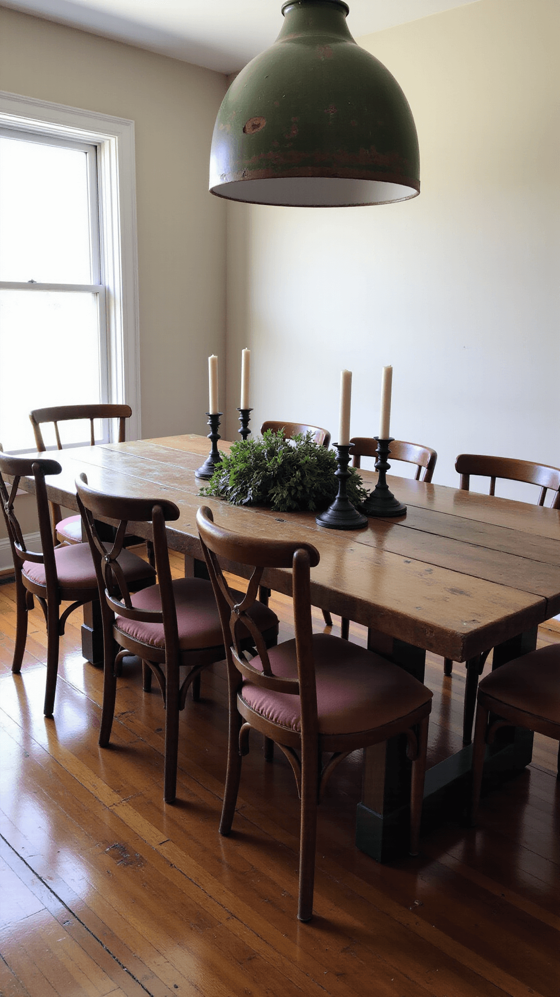 Twilight shot of a 12x14ft heritage dining space with a worn reclaimed oak farm table, mismatched vintage chairs, oversized ceramic pendant light, hand-forged iron candleholders, naturally dyed table linens and a foraged botanical centerpiece in a color palette of weathered woods, rustic blacks, and warm neutrals.