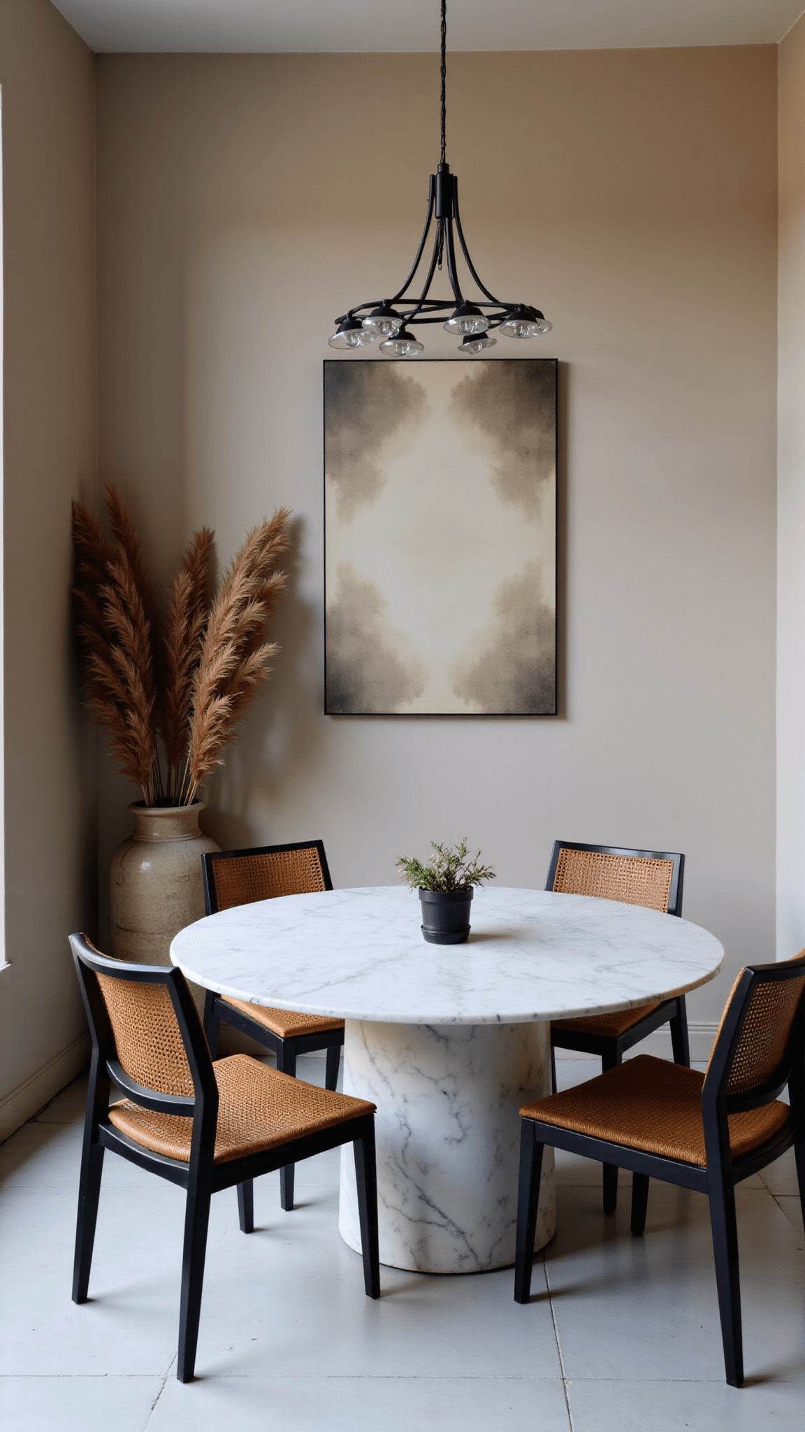 Dusk-lit serene 10x12ft dining room with round marble table, four natural cane chairs with black metal, an oversized neutral-toned art piece, vintage ceramic vessel with dried pampas grass, under a pendant light.