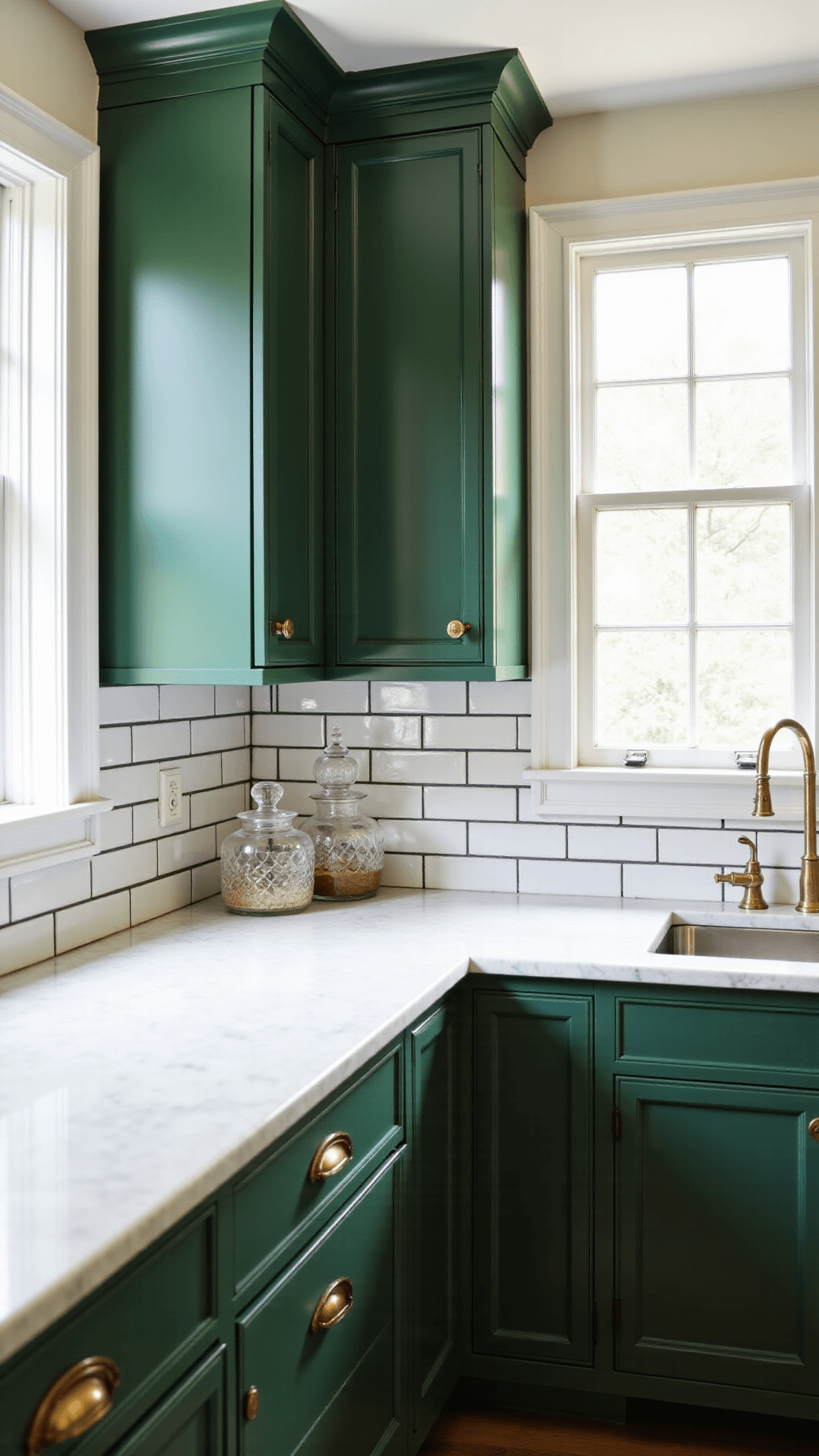 Traditional kitchen with British racing green cabinets, white marble counters, antique brass hardware, and silver serving pieces. Mid-morning light illuminating through Georgian windows highlighting the crown molding detail and classic subway tile with dark grout.