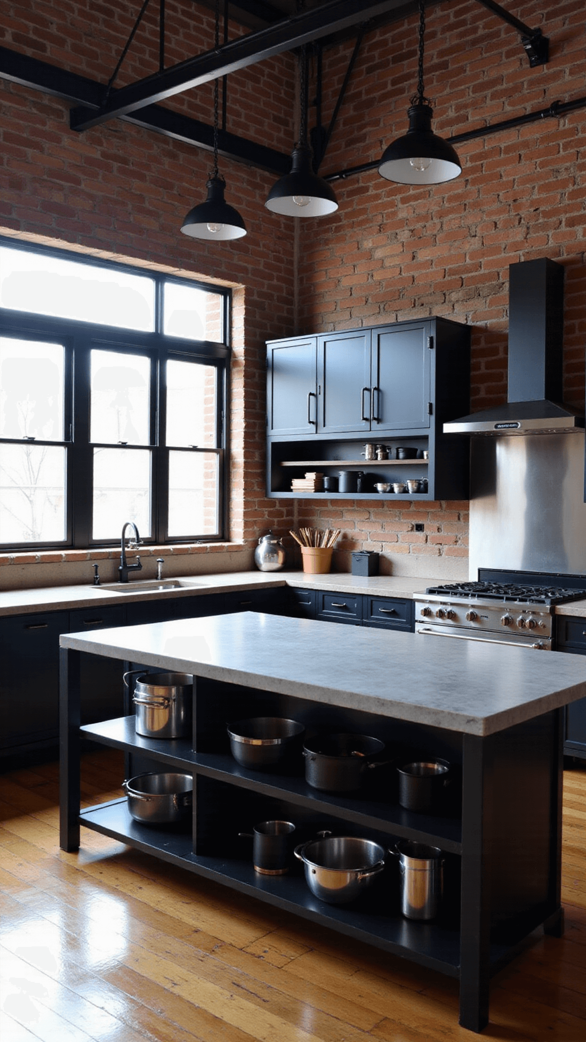Loft-style industrial chic kitchen with exposed brick walls, steel beams, black metal cabinets, concrete countertops, and stainless steel appliances, highlighted by afternoon sunlight through factory-style windows.