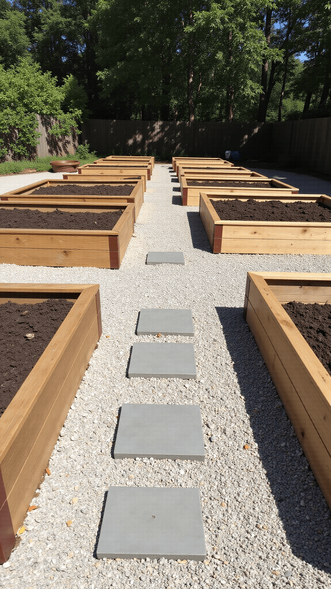 Documentary-style transformation of 20'x30' backyard featuring cedar raised beds, gravel pathways, and DIY concrete stepping stones in afternoon light.