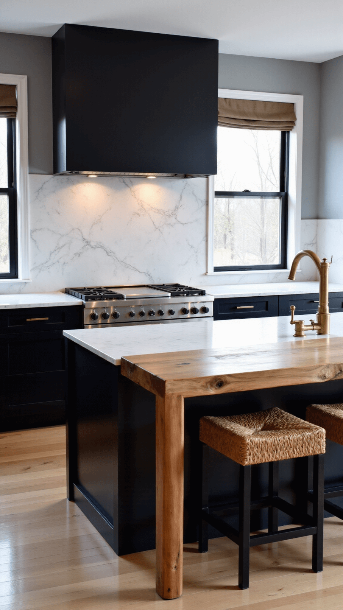 Contemporary kitchen with black cabinets, marble counters, natural fiber bar stools, and mixed metal fixtures basking in soft evening light.
