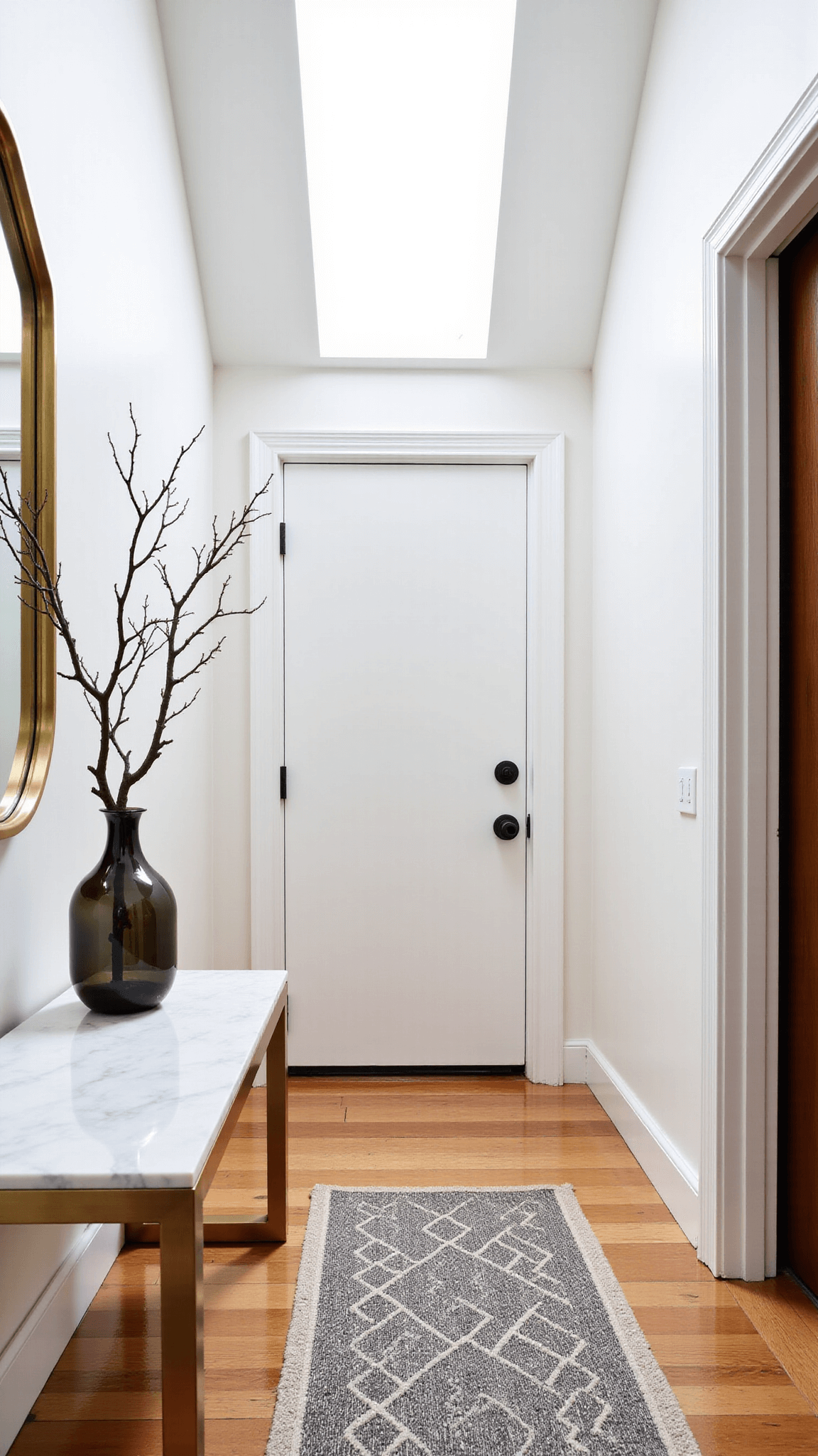 Minimalist entry hall with skylight, floor-to-ceiling mirror, white marble table with brushed brass, a branch in a smokey glass vase, and a handwoven geometric runner, in a color palette of brass, marble white, and warm woods with charcoal accents.
