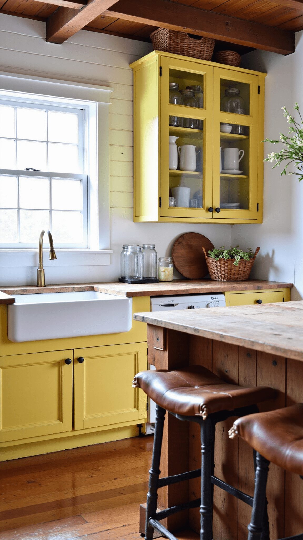 Cozy farmhouse kitchen with yellow cabinets, wooden beams, and afternoon sunlight streaming through the window.