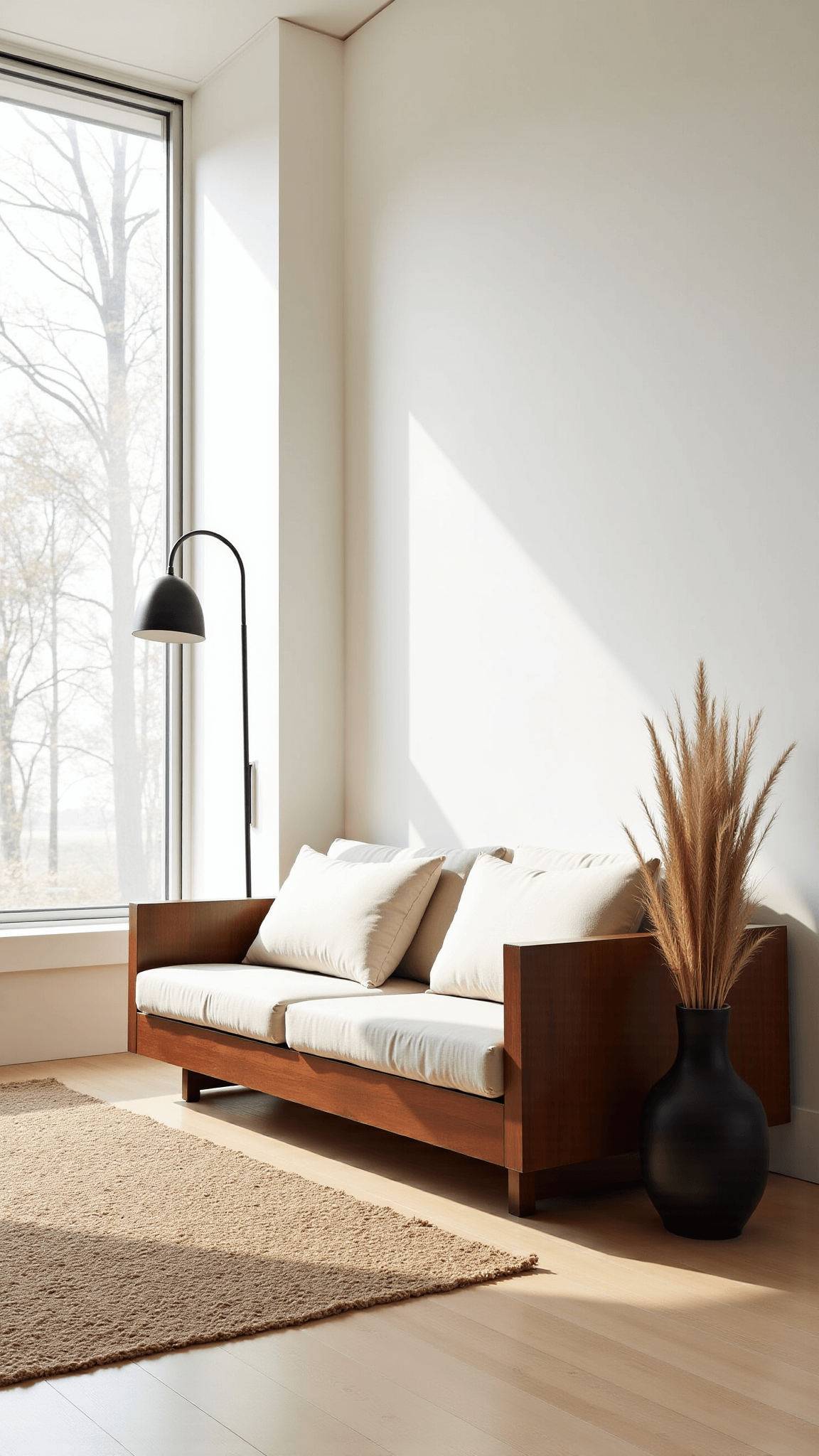 Sunny, minimalistic living room with large east-facing windows, walnut platform sofa, black metal floor lamp, and sparse decor featuring a single black ceramic vase with dried pampas grass.