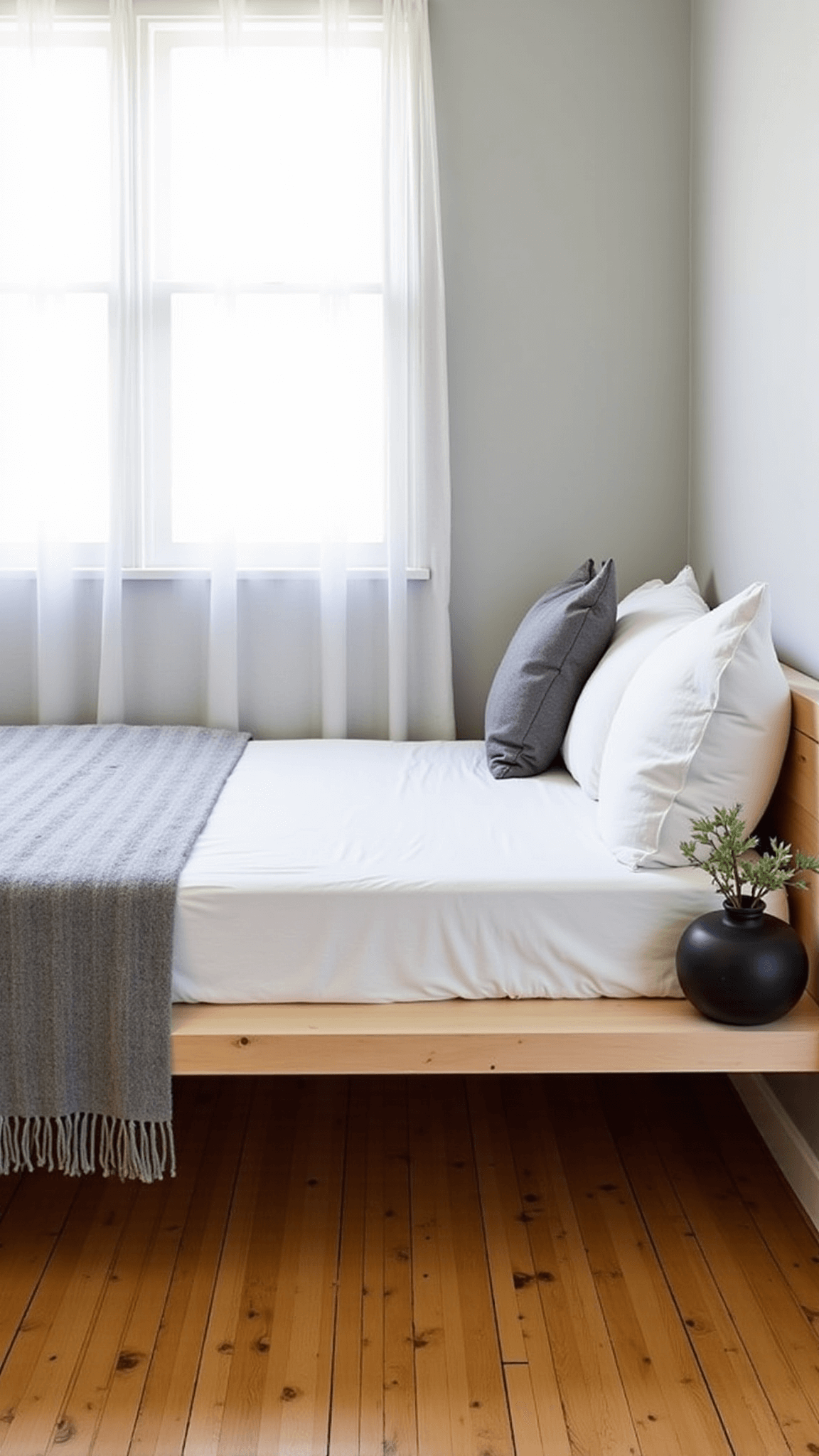 12x14ft bedroom with platform bed made of bleached pine floating above bamboo flooring, draped with a wool throw and filtered afternoon light creating soft shadows, with a black stoneware vessel holding dried eucalyptus by the bed.