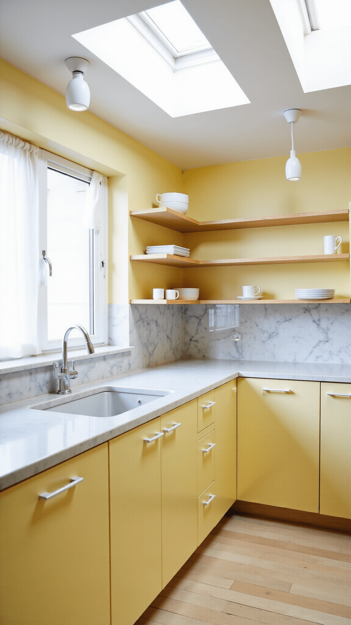 Bright, Scandinavian-inspired kitchen with pale yellow cabinets, birch wood accents, minimalist white ceramics on floating shelves, a marble backsplash, and diffused northern light from skylights.