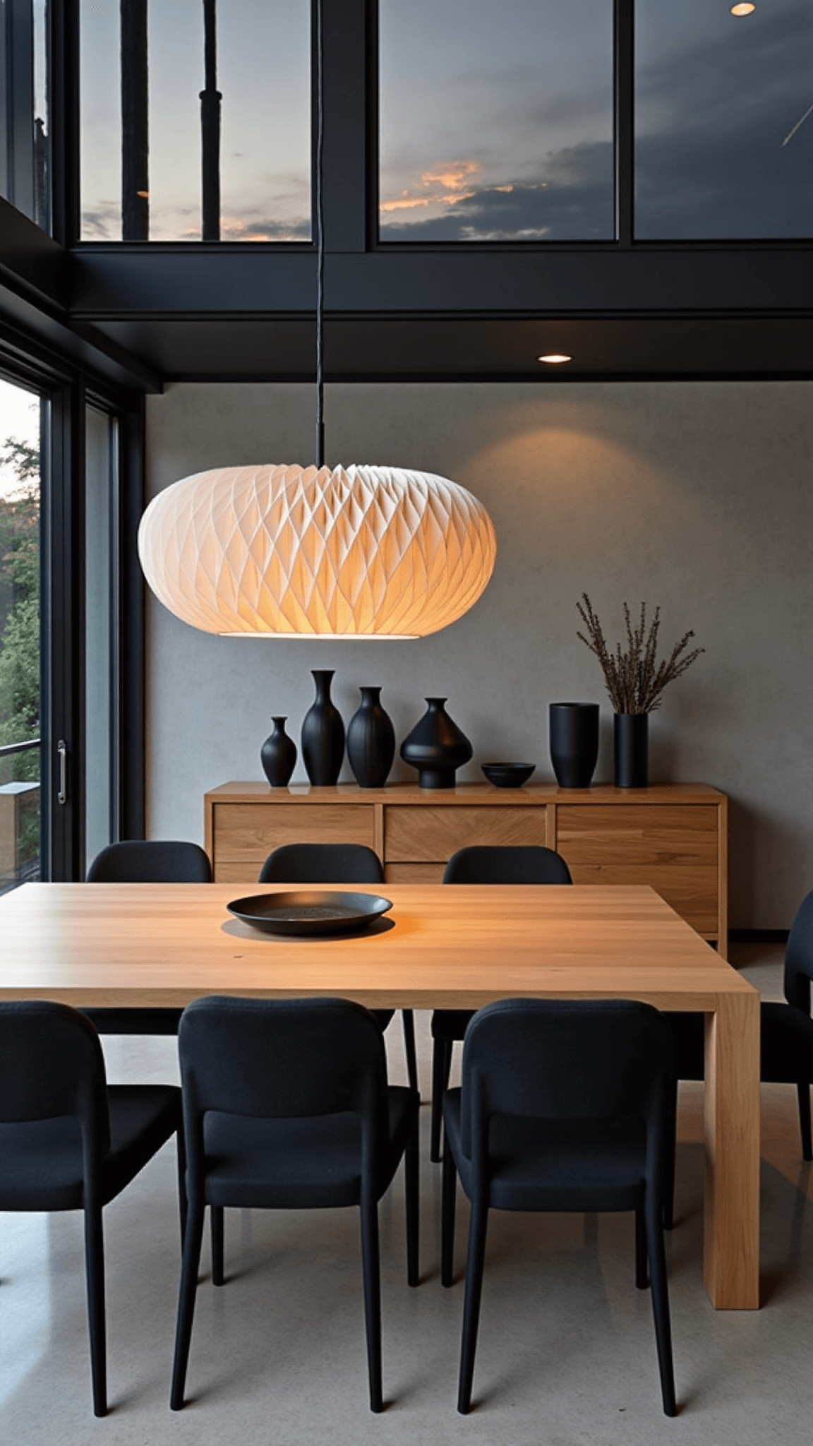 Moody evening atmosphere in a modern 15x18ft dining space featuring a concrete accent wall, floor-to-ceiling windows, a handcrafted oak dining table seating six, upholstered low-back chairs, an oversized paper pendant lamp, and a blackened ash sideboard displaying minimalist ceramic vessels.