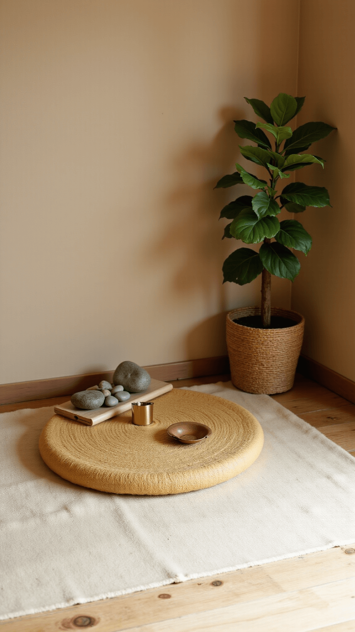 Meditation corner with bamboo cushion, minimal altar with incense holder and river stones, potted fiddle leaf fig, and greige walls in diffused morning light