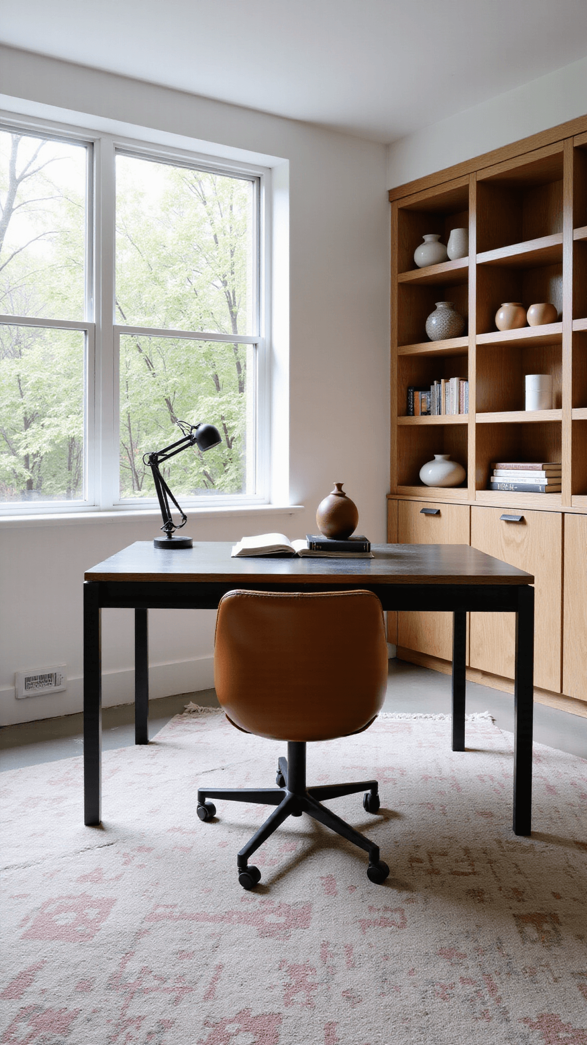 Contemporary home office with oak shelving, steel desk, leather chair, ceramic collections and art books, exposed concrete floor with wool rug, and picture window overlooking a garden.