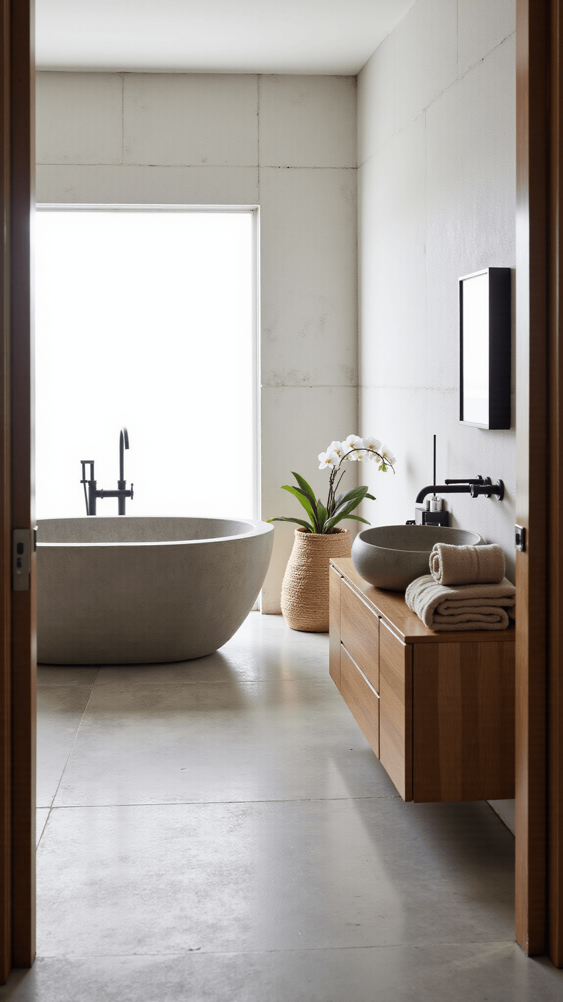 Spacious and serene bathroom with stone soaking tub, black matte fixtures, bleached oak floating vanity, and large concrete tiles. Features include a woven basket with oatmeal linen towels and a single orchid. Lit by soft afternoon light through frosted glass.