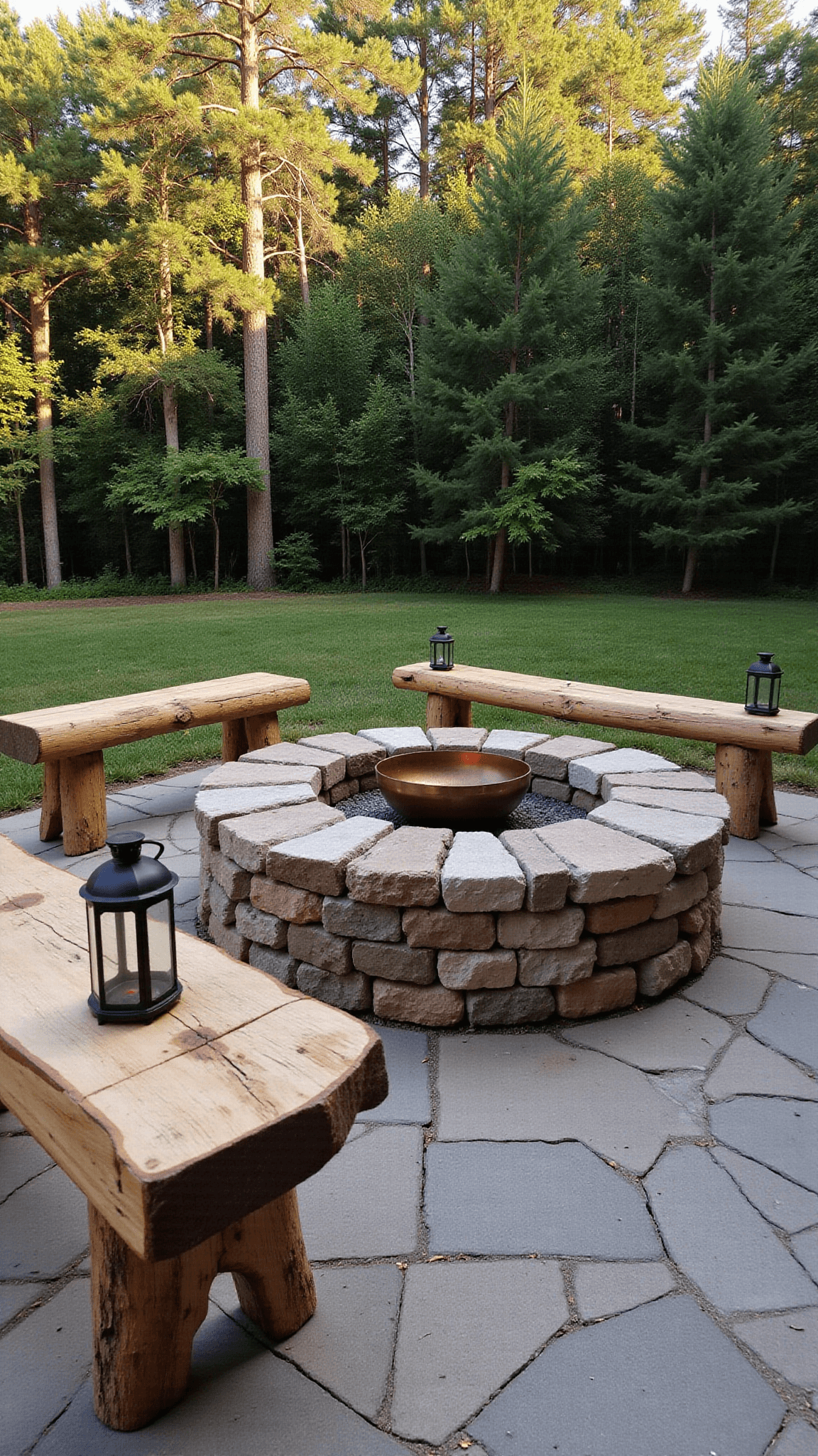 Spacious backyard at golden hour featuring rustic stone fire pit and log benches, with pine forest backdrop and vintage lanterns on wooden stumps