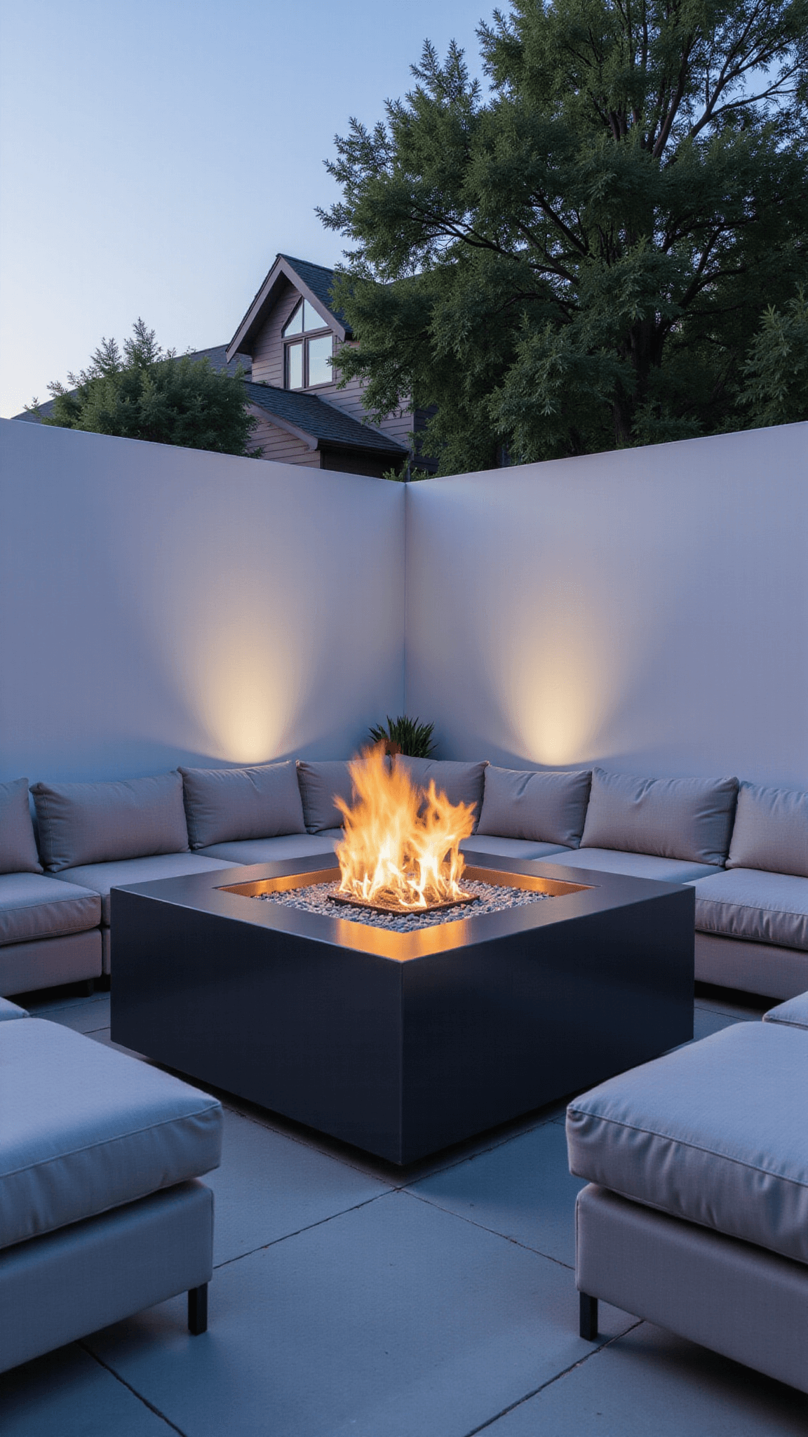 Modern rectangular concrete fire pit with stainless steel trim and crystal fire glass in a minimalist backyard at twilight, surrounded by gray outdoor seating and white stucco walls, illuminated by LED strip lighting