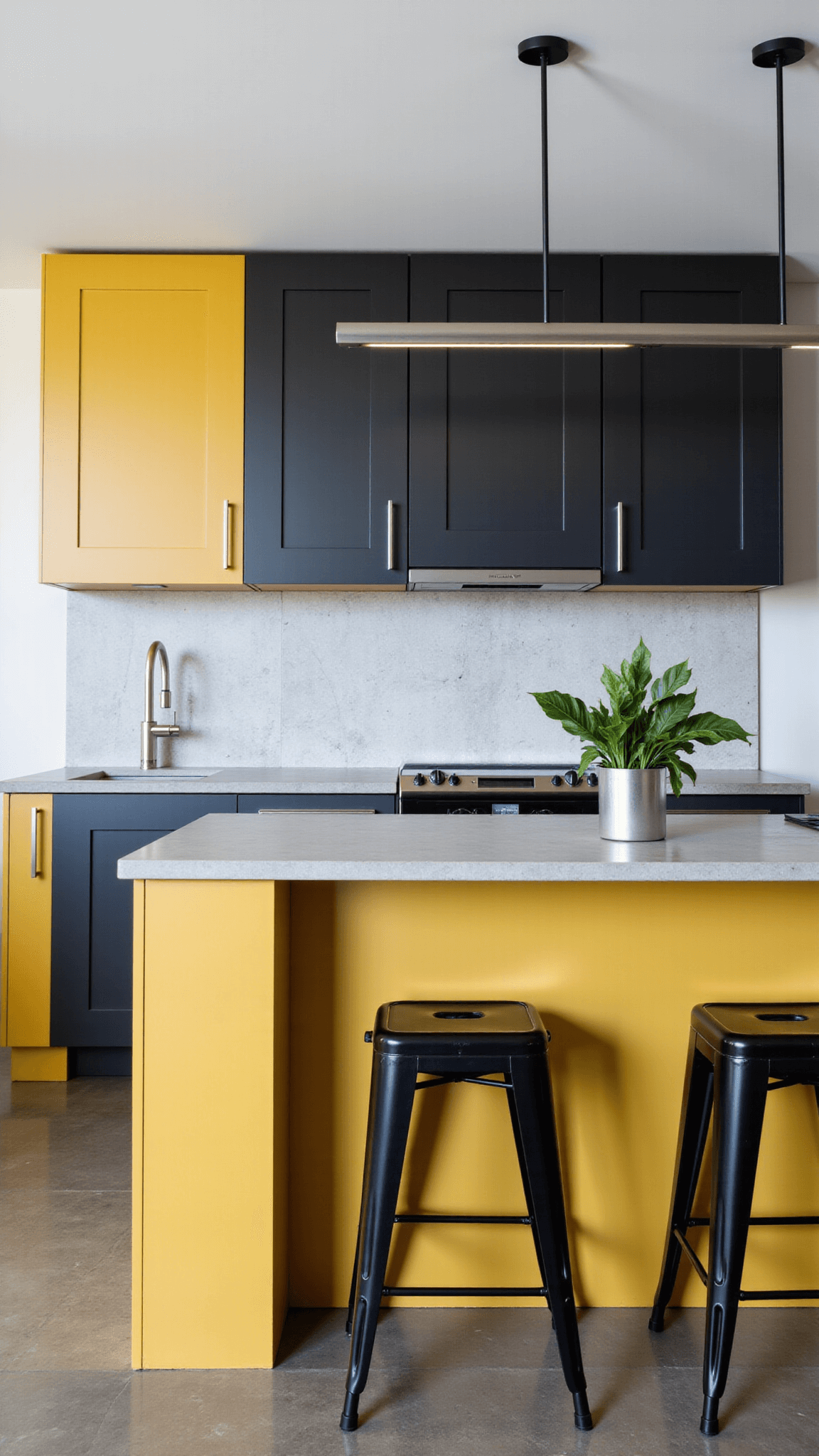 Open-concept contemporary kitchen with yellow lower cabinets, charcoal upper cabinets, concrete countertops, geometric tile backsplash, black barstools, and a potted monstera, illuminated by afternoon light and pendant lights, viewed from above at a 45-degree angle.