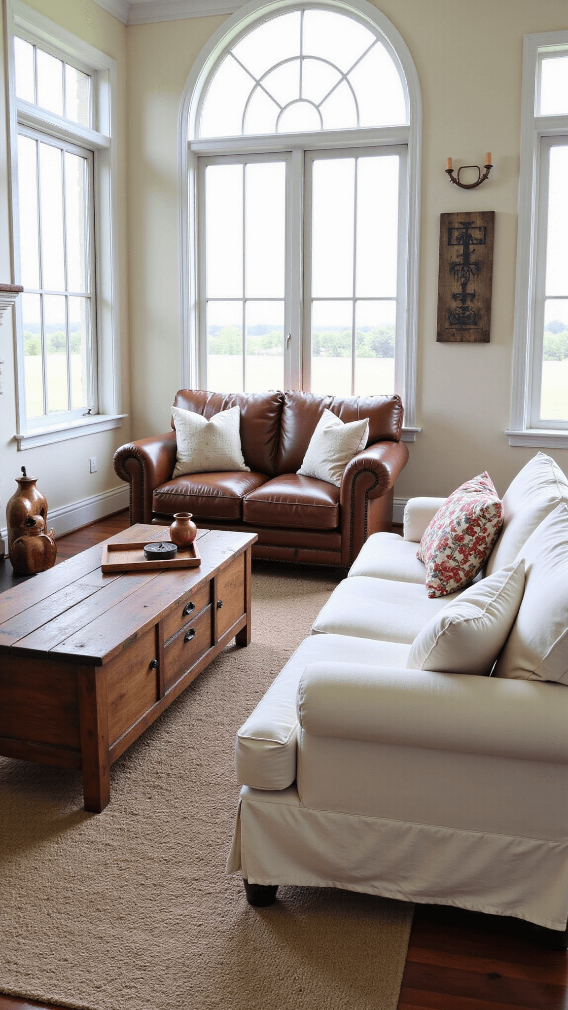 Sun-drenched 18x22ft great room with traditional farmhouse aesthetic featuring mismatched vintage sofas, reclaimed barn wood coffee table, antique quilts, copper vessels, and weathered wood signs, accentuated by floor-to-ceiling windows displaying pastoral views.