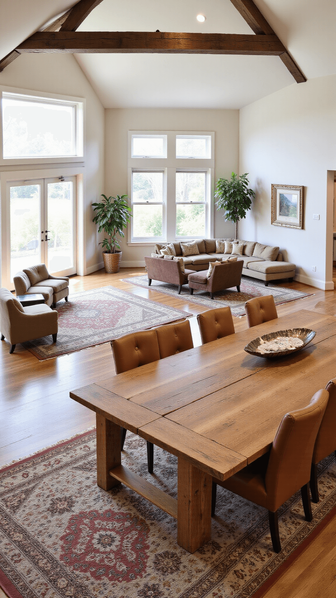 Open-concept living space with warm beige seating zones, rustic oak dining table, cathedral ceilings, and vintage rugs photographed from an elevated position at midday.