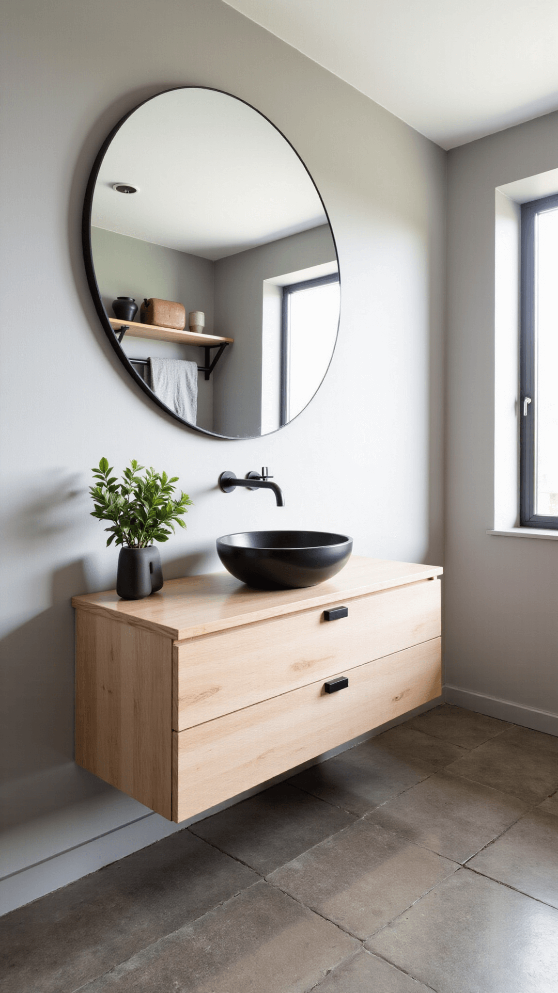 Zen-inspired bathroom in diffused morning light, featuring a floating bleached oak vanity with sink, an oversized round mirror with hidden lighting, warm gray stone tile floor, and minimalist shelves with handmade ceramic containers.