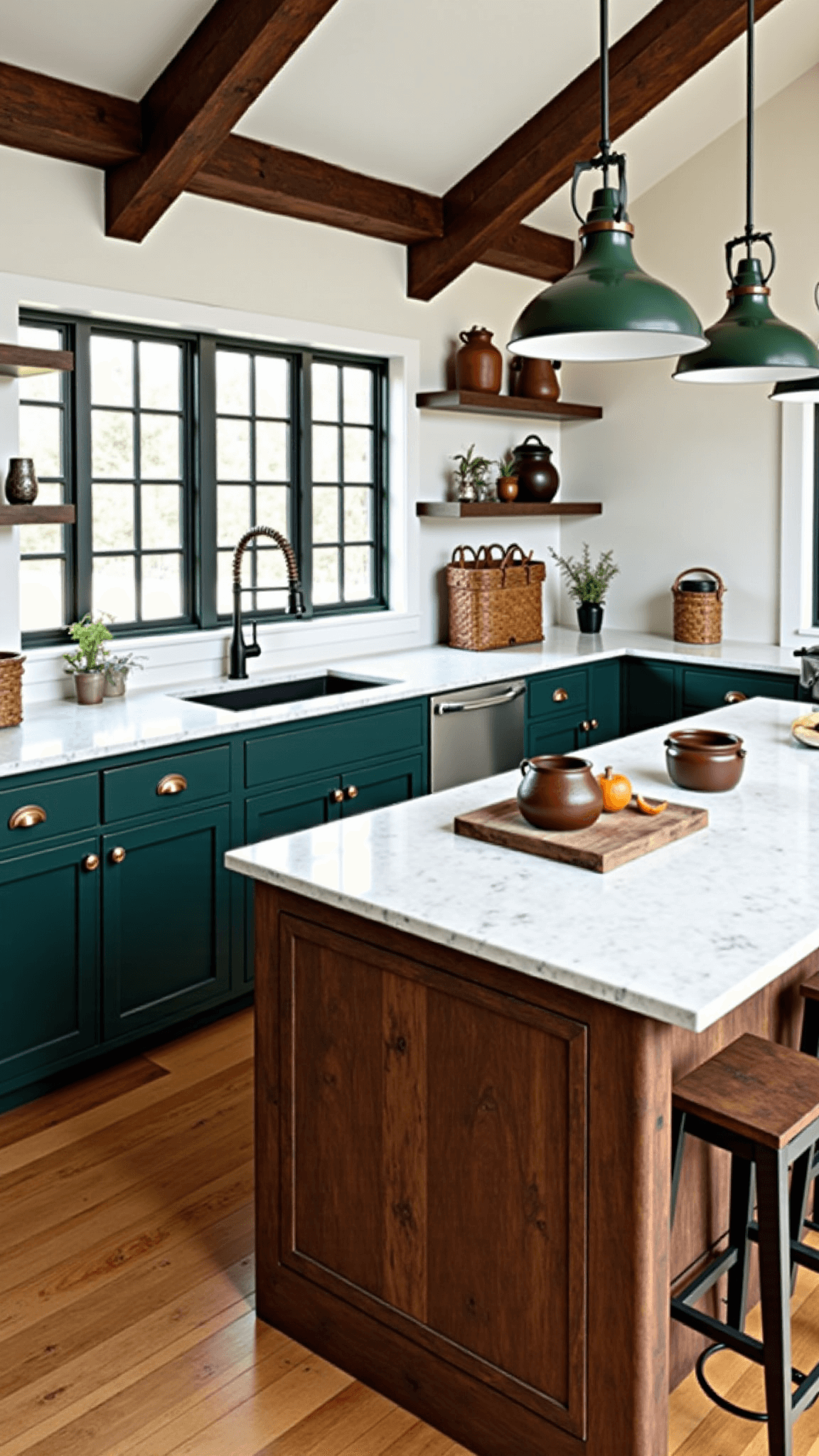 Bright, rustic farmhouse kitchen featuring forest green cabinets and reclaimed wood island with marble top, accentuated by natural and fill lights, viewed from above.
