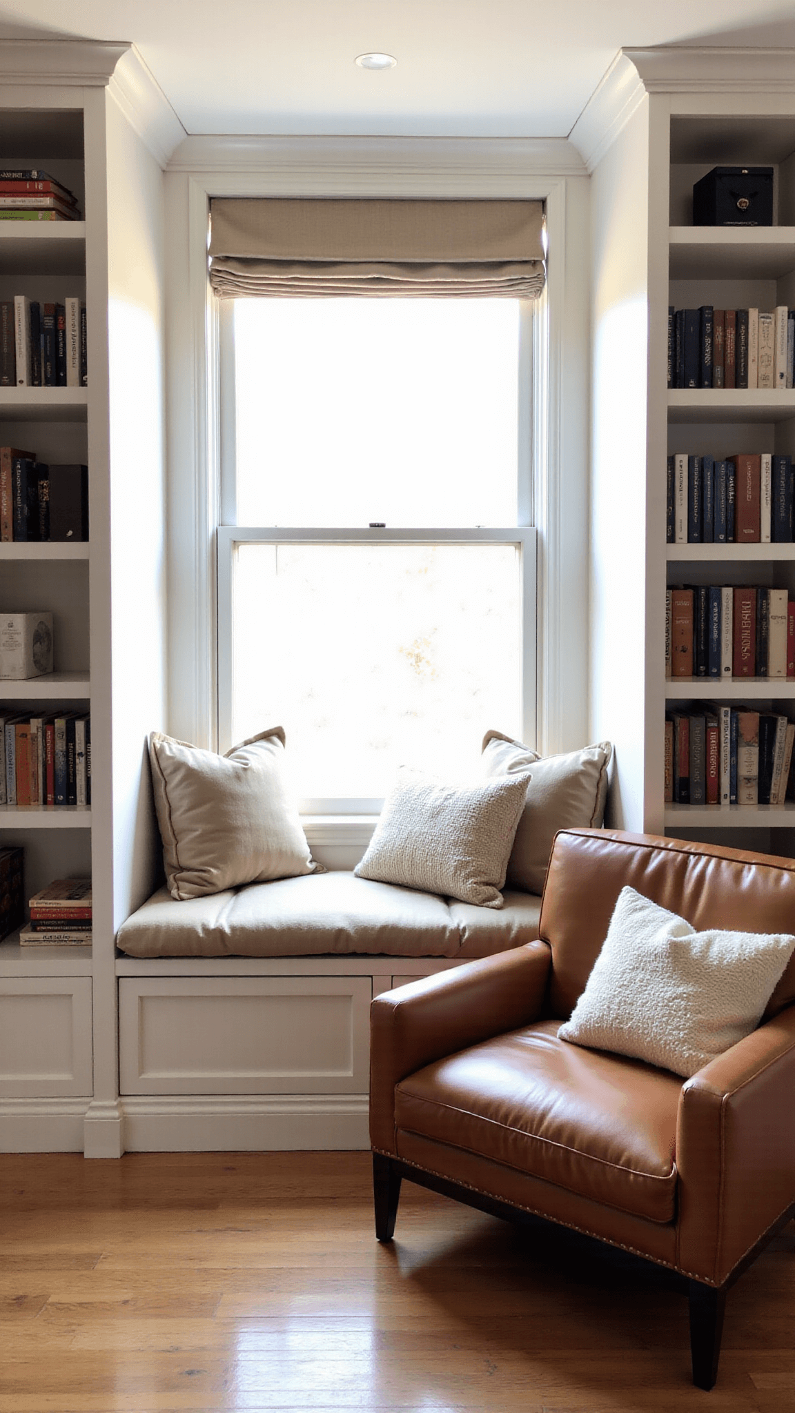 Sunset view of a cozy 12x15ft reading nook with a built-in window seat, floor-to-ceiling white bookshelves, a cognac leather chair, and a cream wool throw, captured from a diagonal angle with natural light creating a warm glow.