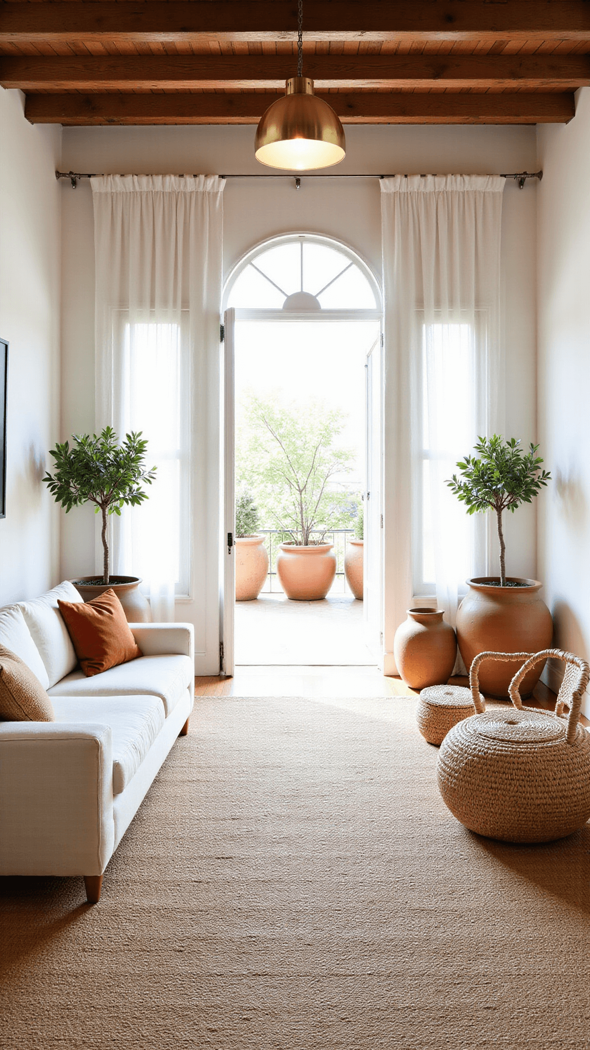 Bright and spacious living room with high ceilings, arched windows and exposed wooden beams, furnished with a cream linen sofa, rattan chairs, and layered rugs. Sunlight filters through sheer curtains, enhancing the warmth from the modern brass pendant light. Two large terracotta pots with olive trees add a touch of nature to the room, leading to an outdoor terrace.