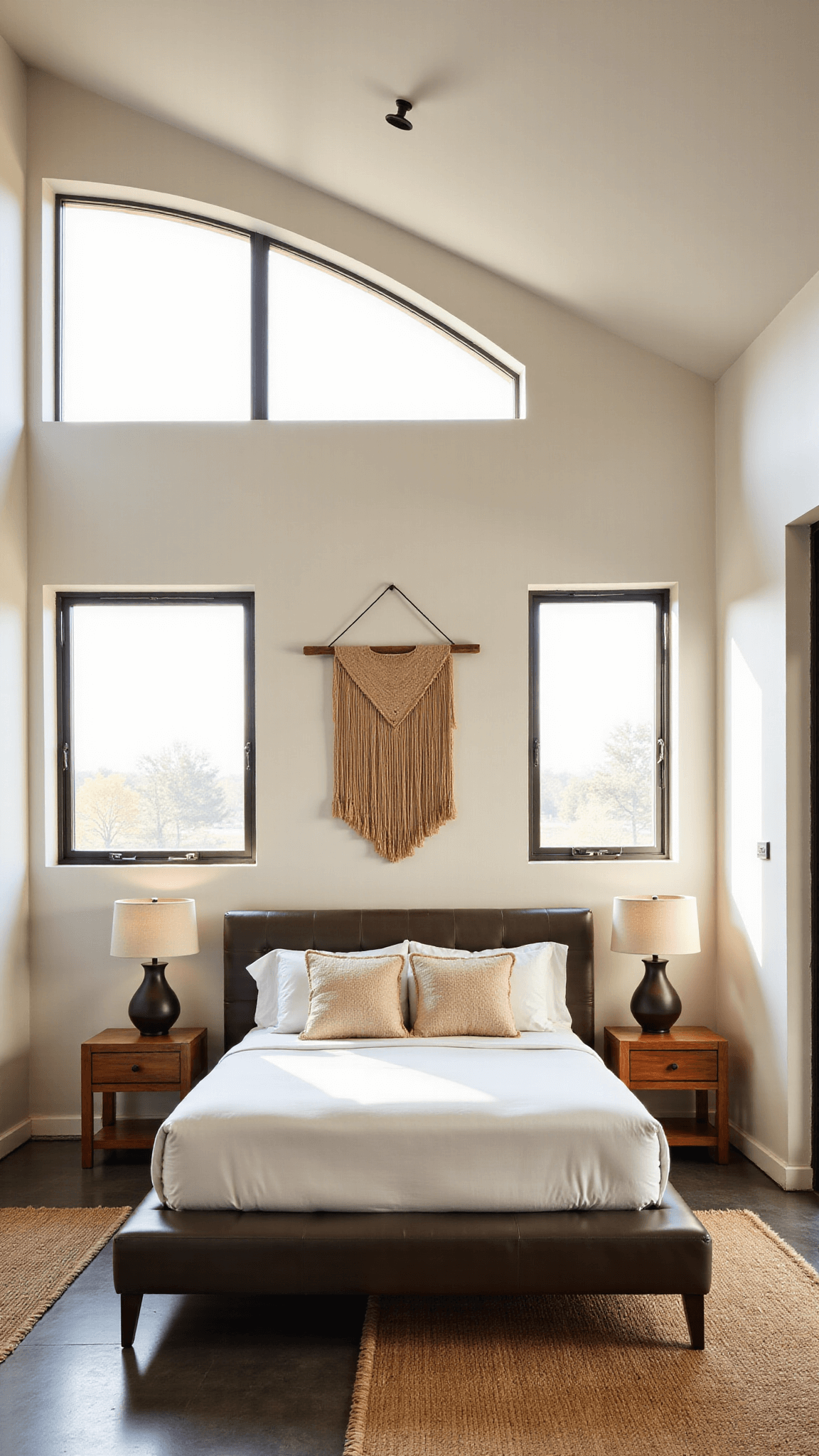 Master bedroom interior with curved ceiling, golden sunset light through floor-to-ceiling windows, olive wood side tables with table lamps, platform bed with white linens and cream pillows, grass wall hanging, polished concrete floors with rugs, and matte black accents.
