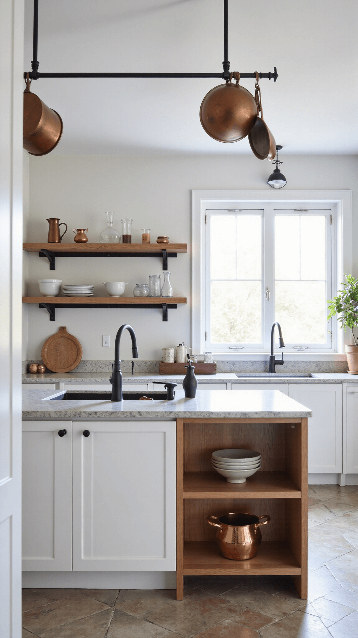 Mediterranean-inspired kitchen with white oak cabinets, honed limestone countertops, a central island with a matte black faucet and ceramic sink, and vintage copper pots hanging from the ceiling. The room is lit by mid-morning light through steel-framed windows, showcasing open shelves with pottery and glass vessels on a herringbone-patterned stone flooring.