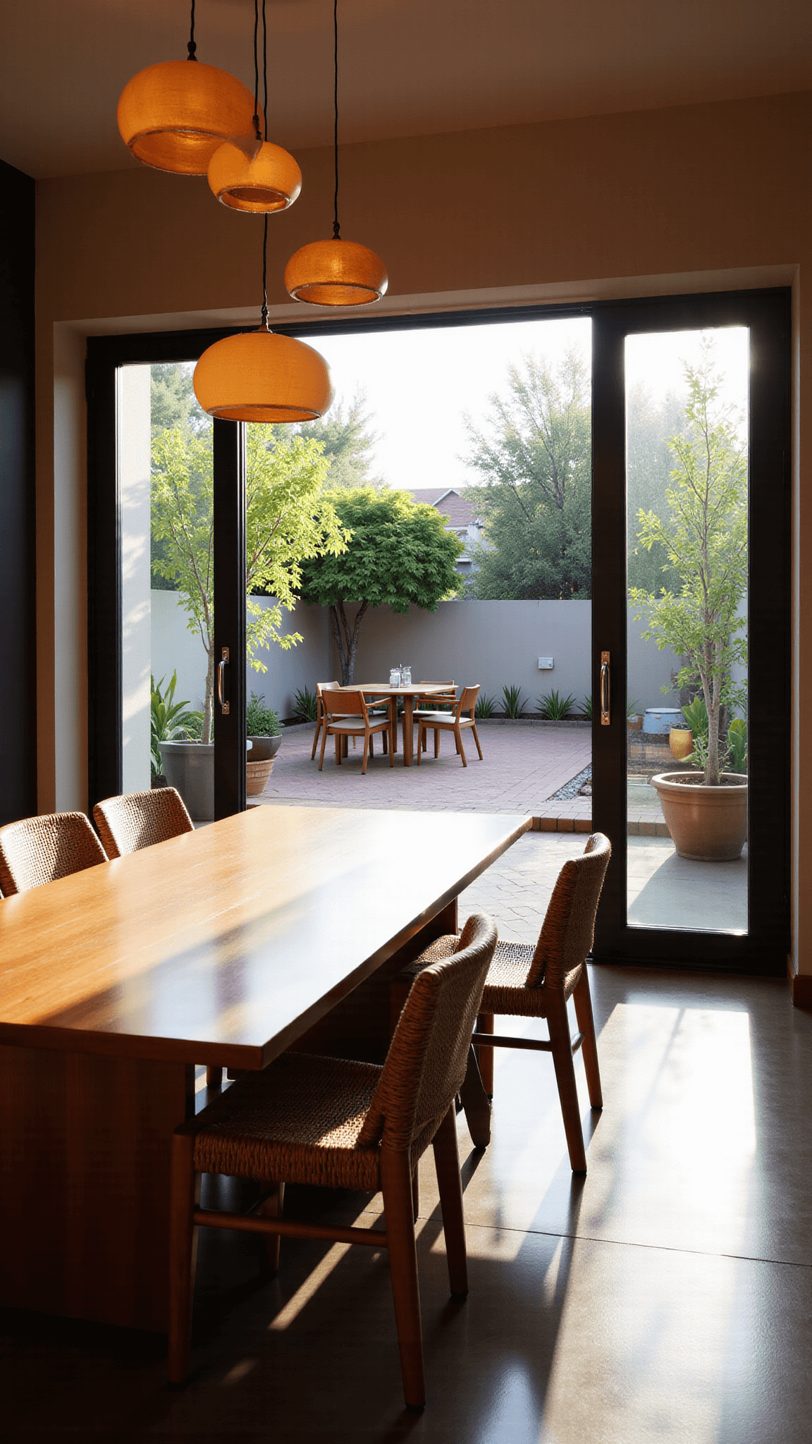 Dining space with modern wooden table and woven leather chairs, transitioning to outdoor courtyard through fully retracted oversized glass doors; late afternoon light creates dramatic shadows; entry framed by potted citrus trees and lit by handmade ceramic pendant lights at varied heights; 14x16ft interior opens to 12x12ft terrace, with low camera angle emphasizing indoor-outdoor flow against Mediterranean garden backdrop.