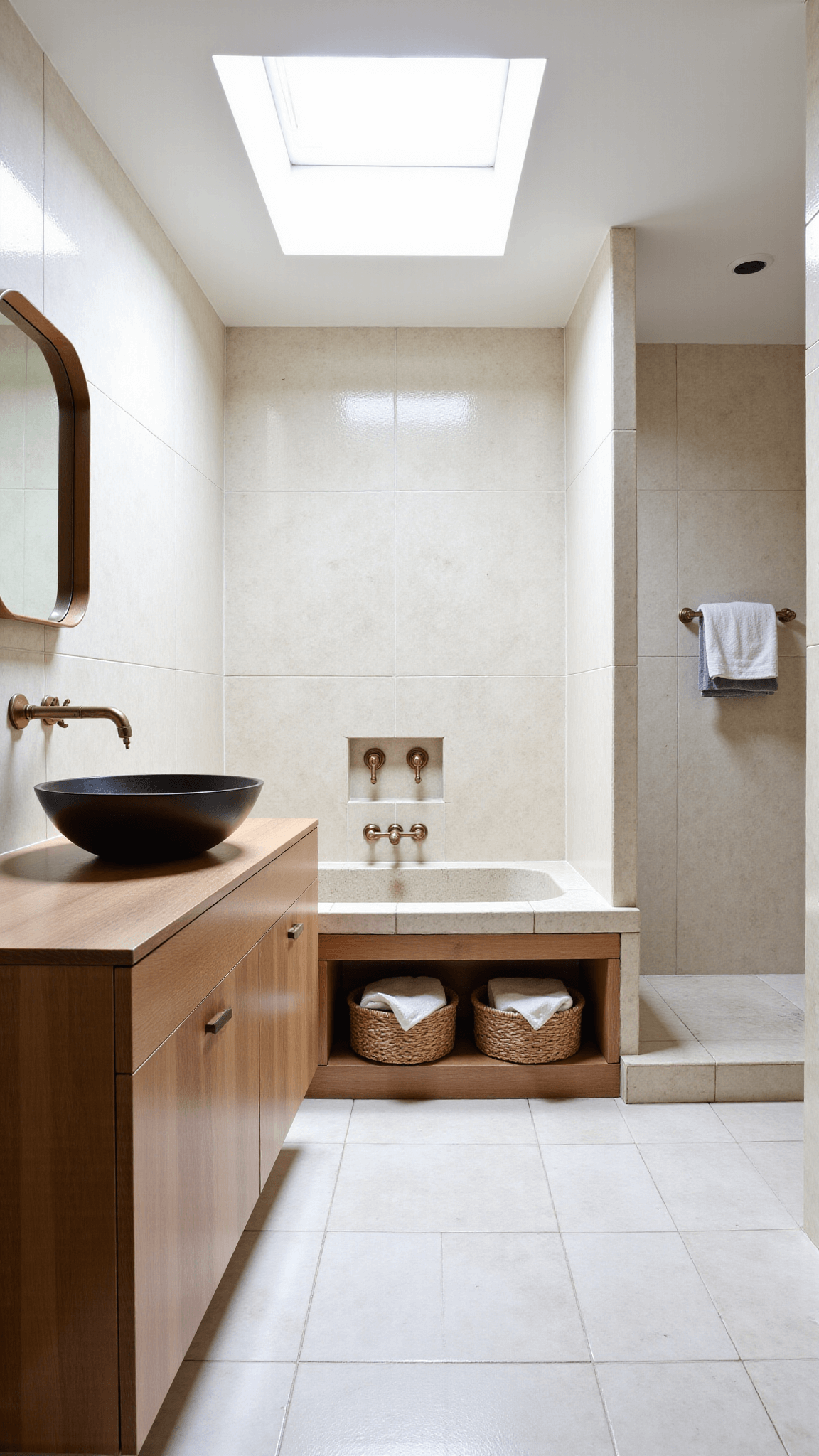 Spacious, serene 12x15ft bathroom featuring a skylight, bleached oak floating vanity, cream zellige tiles from floor-to-ceiling, a freestanding stone tub under the skylight, with woven basket storage, linen towels, and brass fixtures with a patina finish.