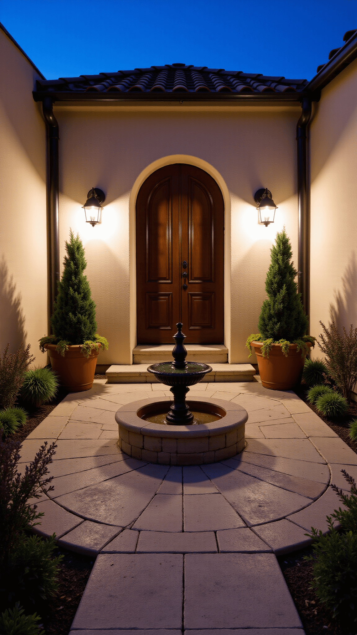 Overhead view of romantic dusk-lit courtyard featuring limestone pavers, central copper fountain, Mediterranean plant pots, and an arched wooden door with iron details, demonstrating a blend of traditional and contemporary design.