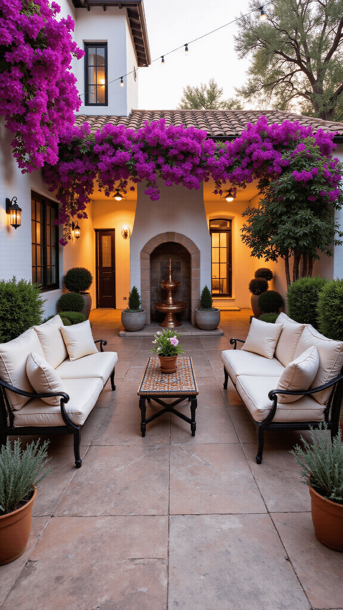 Mediterranean-inspired backyard patio with travertine flooring, white stucco walls with magenta bougainvillea, 3-tier stone fountain, wrought iron furniture, terracotta pots with herbs, and amber string lights during sunset.