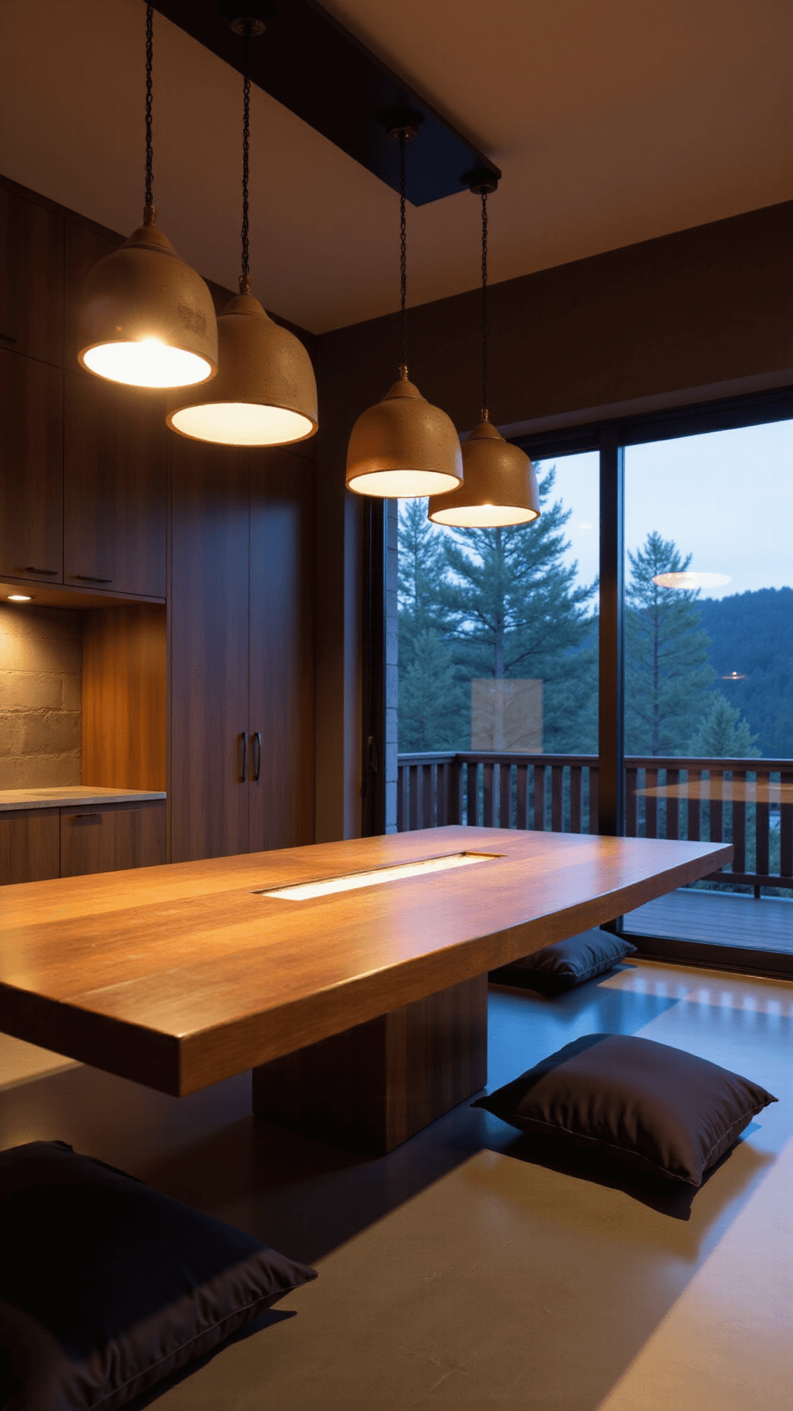 Elevated view of a contemporary Japanese dining room at dusk, featuring a floating walnut table with integrated lighting, charcoal floor cushions, ceramic pendant lights, and polished concrete floors with brass accents, in hues of deep brown, gray, and copper.