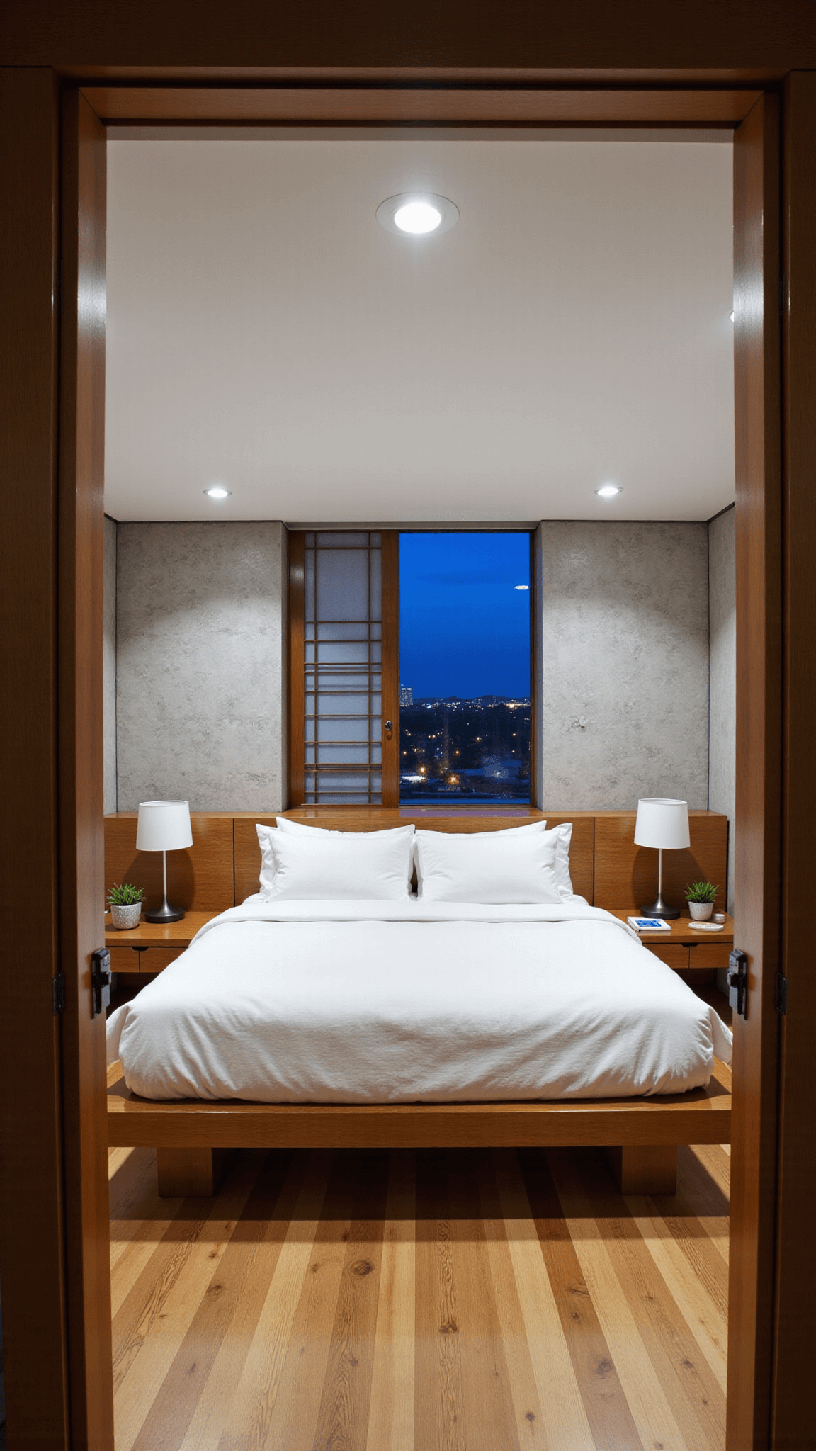 16x20ft master bedroom suite with platform bed illuminated by recessed lighting, distinctive textured plaster accent wall, custom shoji screens made of handmade paper, and materials such as oak and white cotton in a color palette of warm grays, ivory, and indigo accents, conveying a mood of peaceful transition during the blue hour.