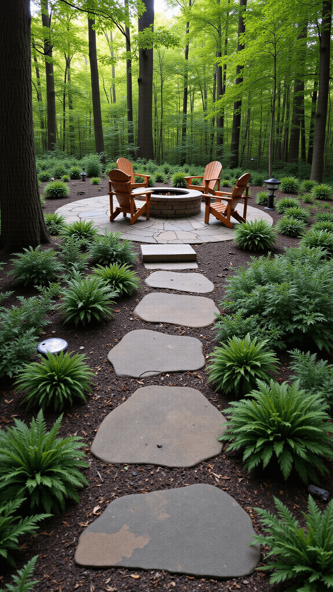 Woodland retreat during morning golden hour featuring flagstone path leading to a circular clearing with a stone fire pit, surrounded by forest green Adirondack chairs, lush ferns, hostas, mature maple trees, and solar-powered ground lights. Shot at f/4 to capture the morning mist and forest atmosphere.