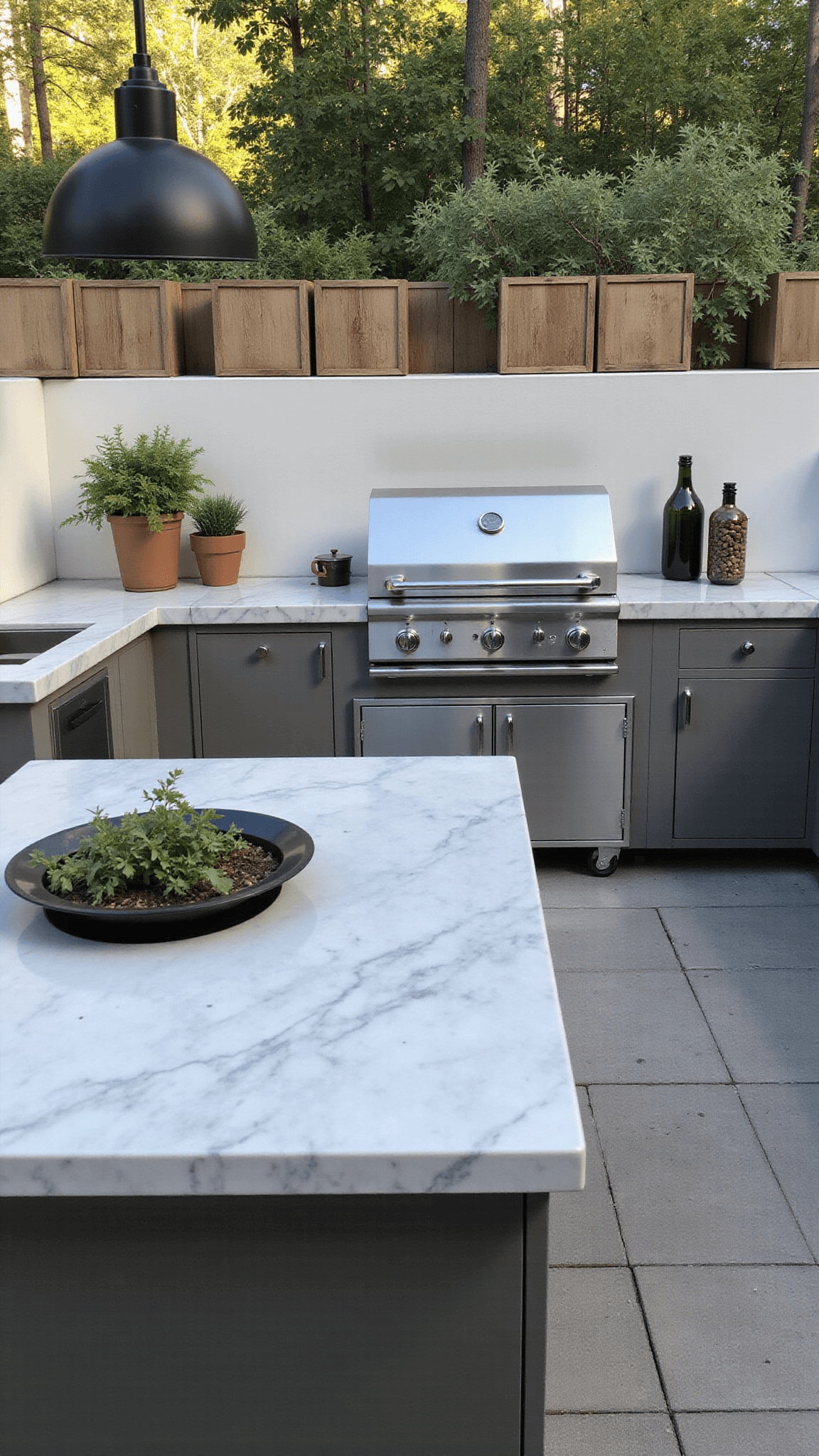 High-angle view of contemporary outdoor kitchen with polished concrete countertops, built-in stainless steel grill and pizza oven, black pendant lights over marble-top island, and herb garden in geometric planters during late afternoon.