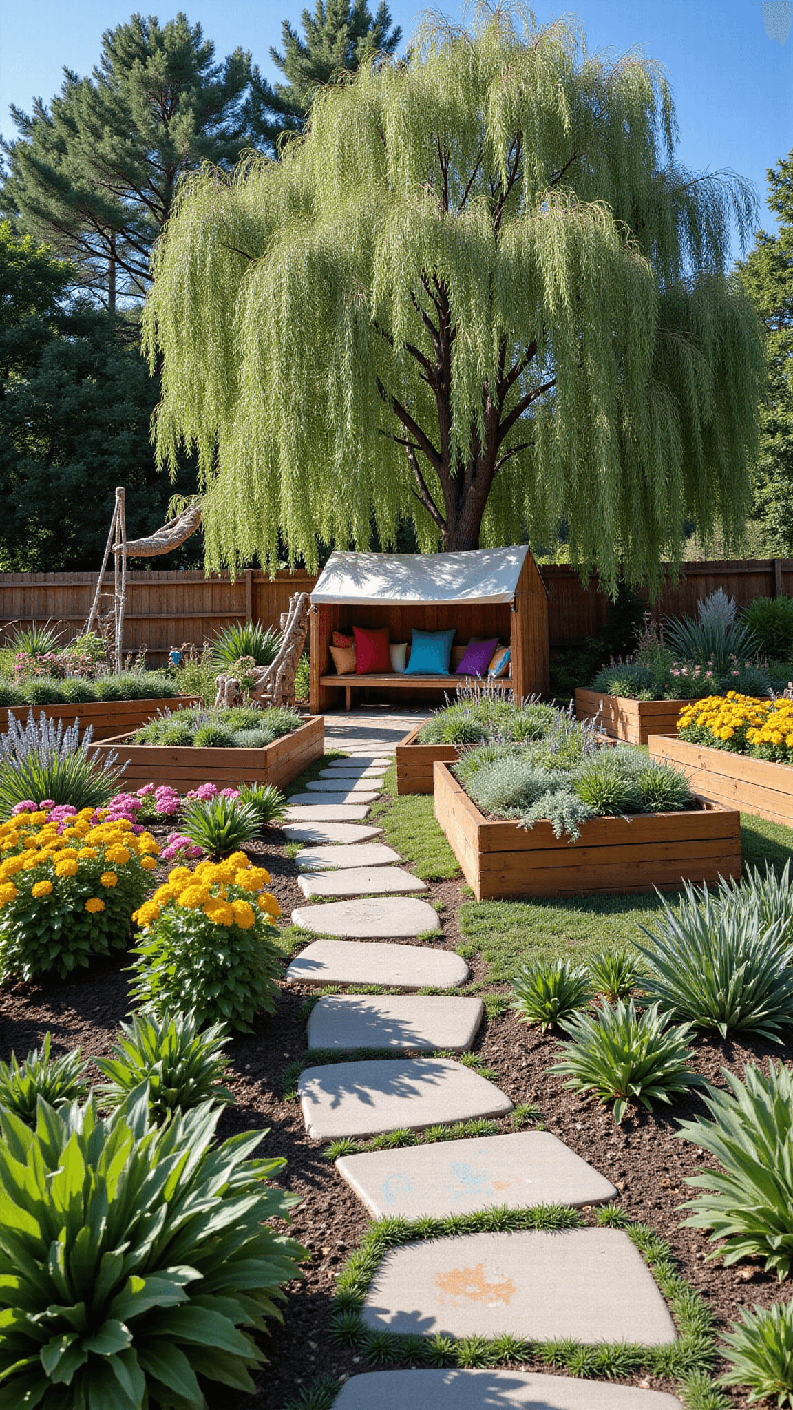 Brightly lit children's garden wonderland featuring climbing structure, rainbow garden beds, magical reading nook under a willow tree, and sensory garden with painted stepping stones.