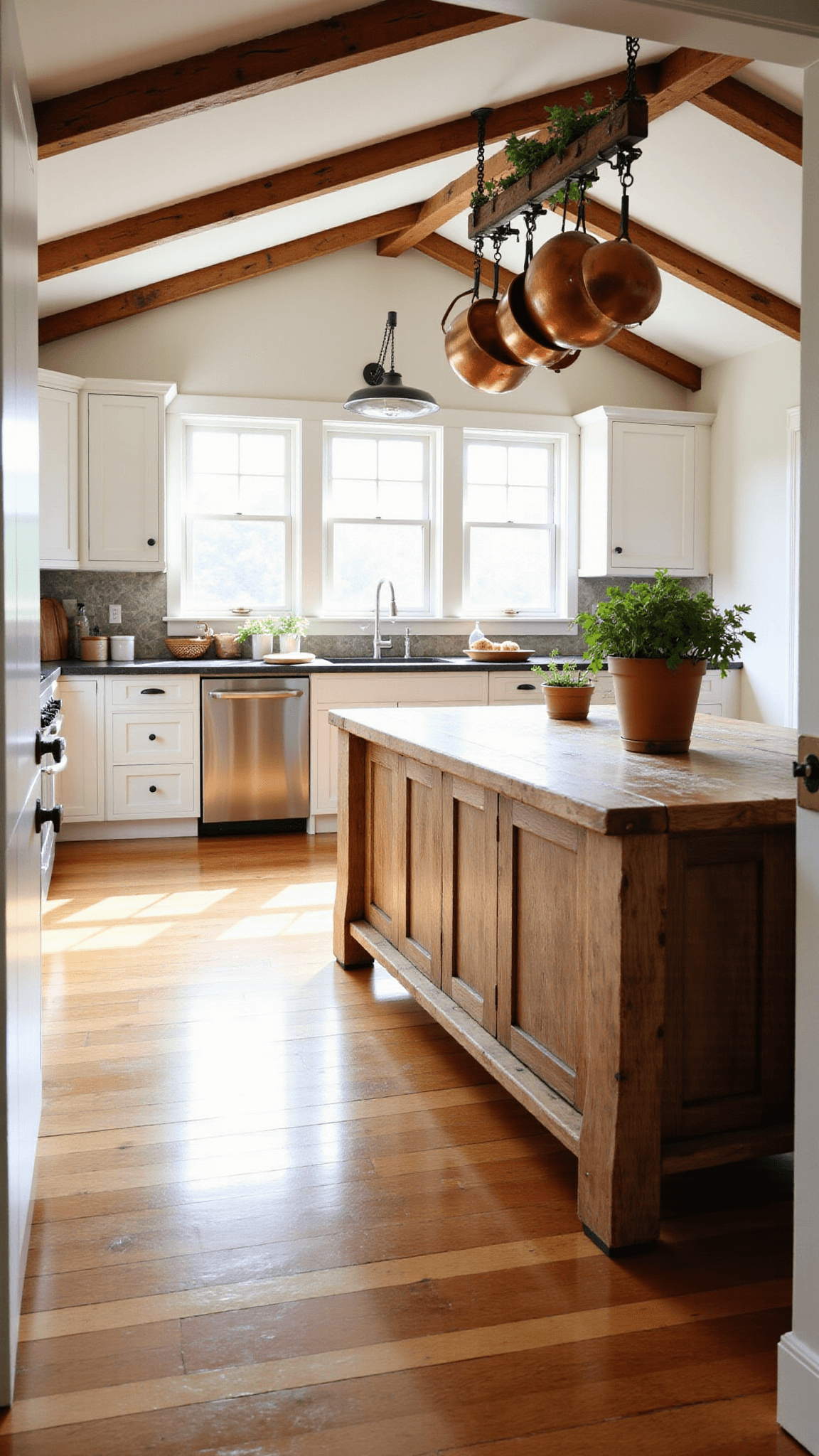 Sunny, spacious farmhouse kitchen with high ceilings, wooden beams, white cabinets, a large oak island, vintage copper pots, and a flour-dusted counter with fresh herbs