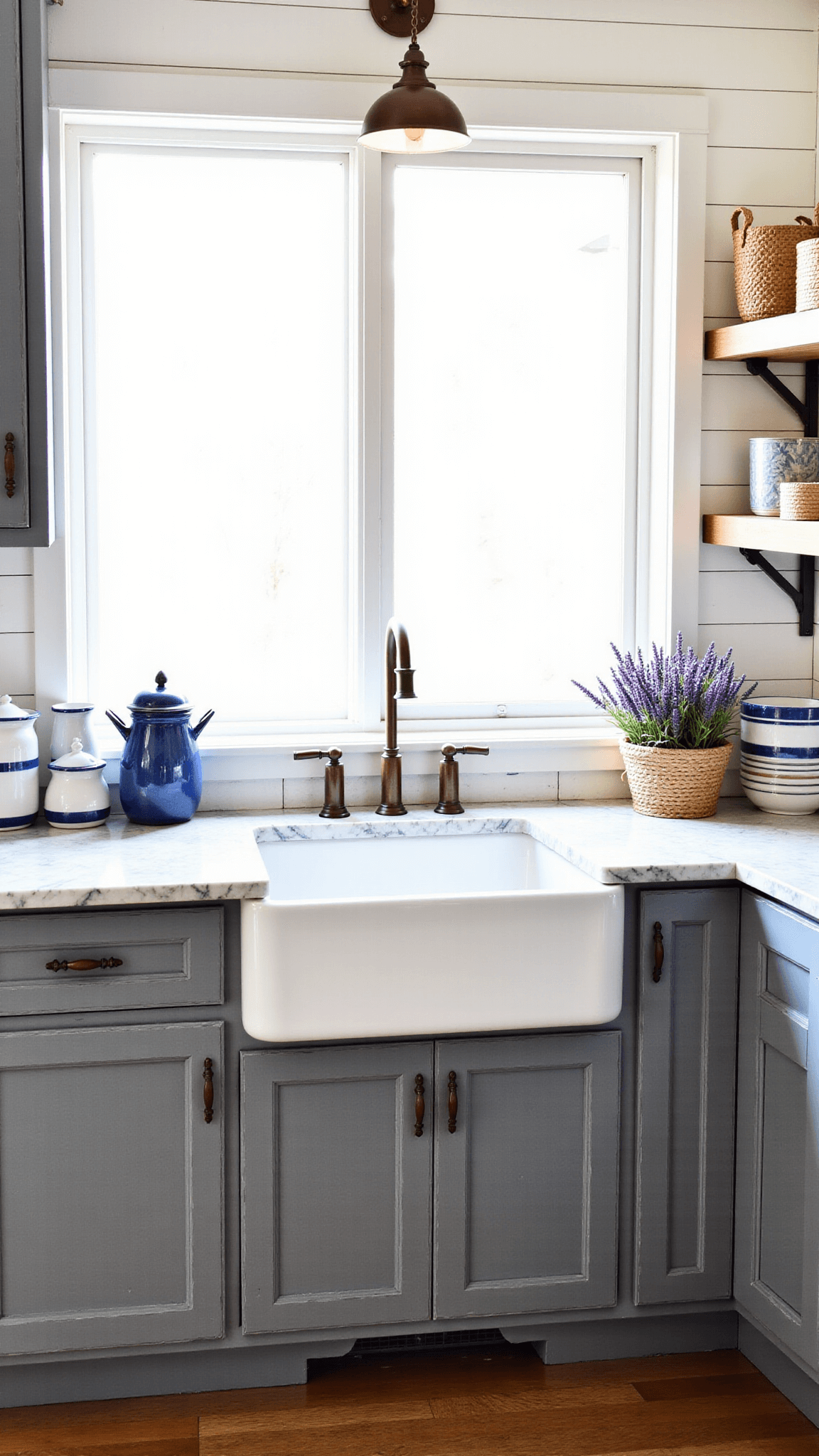 Aerial view of a rustic corner kitchen nook at sunrise, illuminated through east-facing windows, featuring gray cabinets with crosshatch detailing, marble countertops, farmhouse sink, copper fixtures, and vintage enamelware decor.