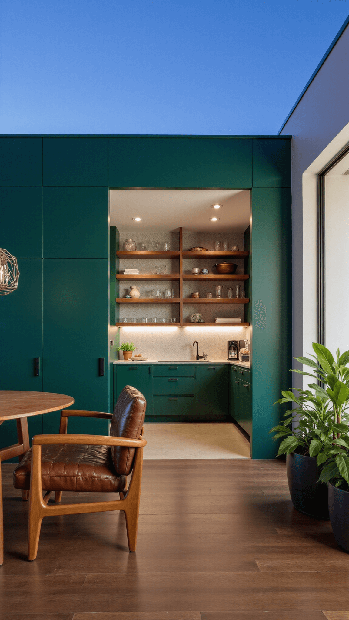 Dusk view of a spacious open-concept kitchen-living area with towering emerald cabinets, floating walnut shelves filled with glassware, bar area, dramatic pendant lighting, and stylish decor featuring modern art, architectural vessels, and structured greenery.