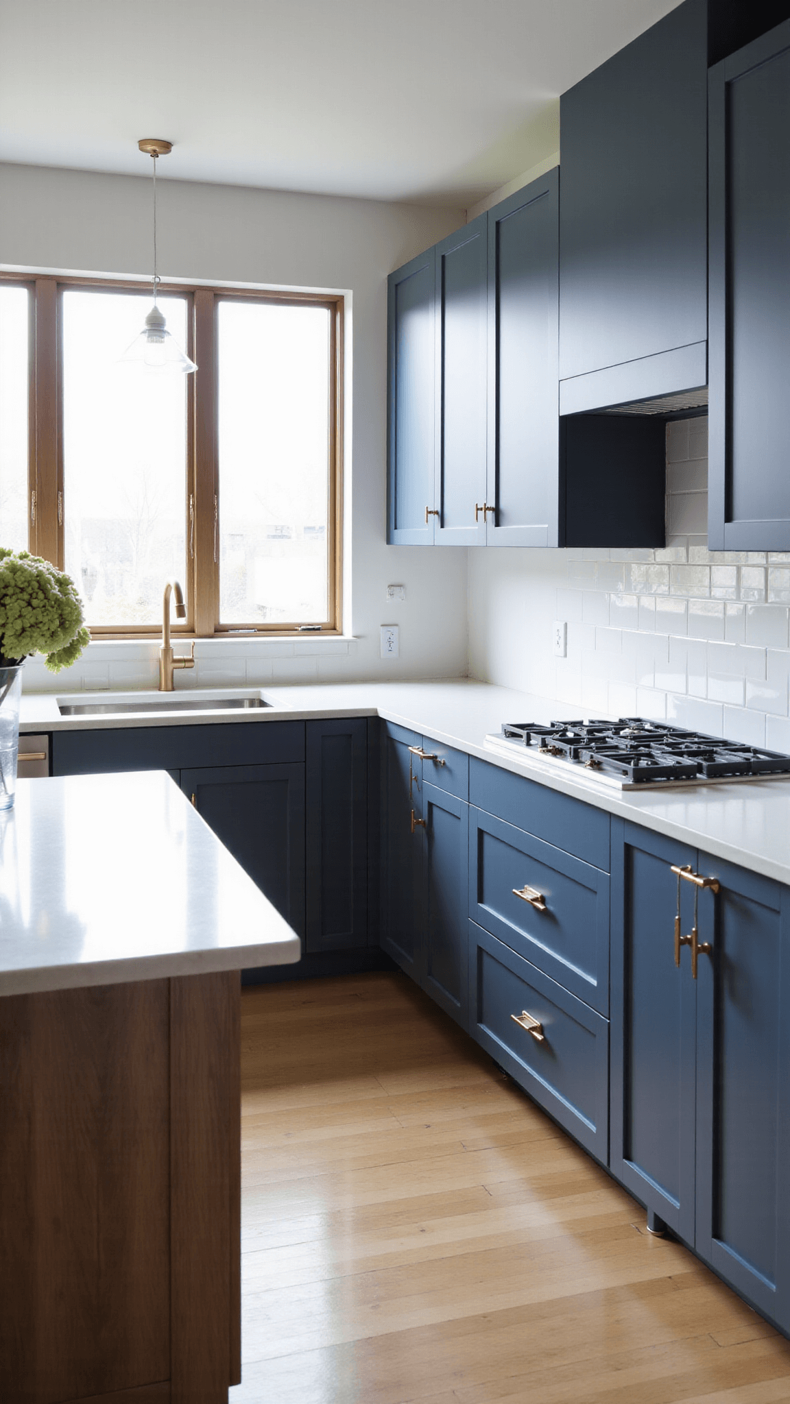 Early morning sunlight illuminating a modern blue-grey kitchen with white quartz countertops and fresh hydrangeas in glass vase