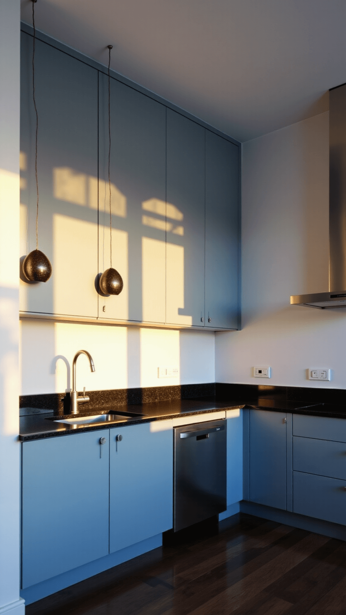 Elevated view of a sophisticated, minimalist chef's kitchen with blue-grey cabinets, black granite countertops, and stainless steel appliances bathed in golden hour light.