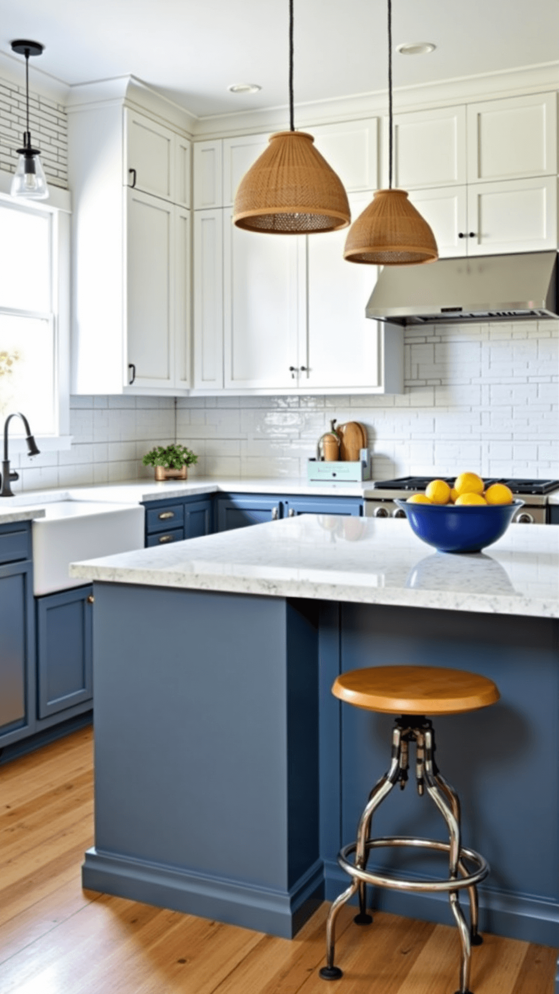 Open-concept coastal-inspired kitchen with two-tone cabinets, whitewashed oak floors, rattan pendant lights and fresh lemons in a blue pottery bowl under mid-morning natural light